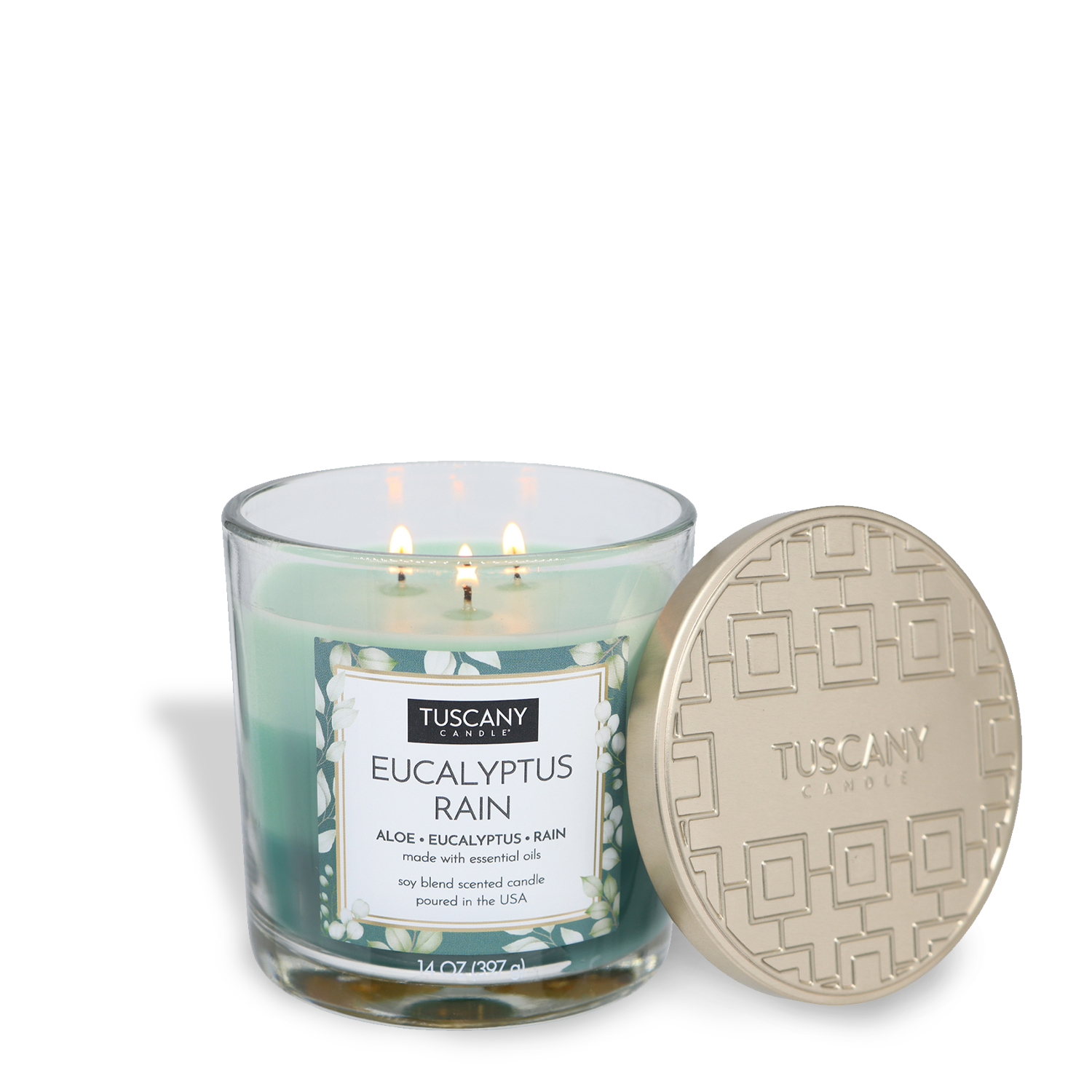 The Tuscany Candle® EVD Eucalyptus Rain Long-Lasting Scented Jar Candle (14 oz) features a soy blend with essential oils, three lit wicks, and a decorative beige lid beside the glass jar for a refreshing eucalyptus aroma.