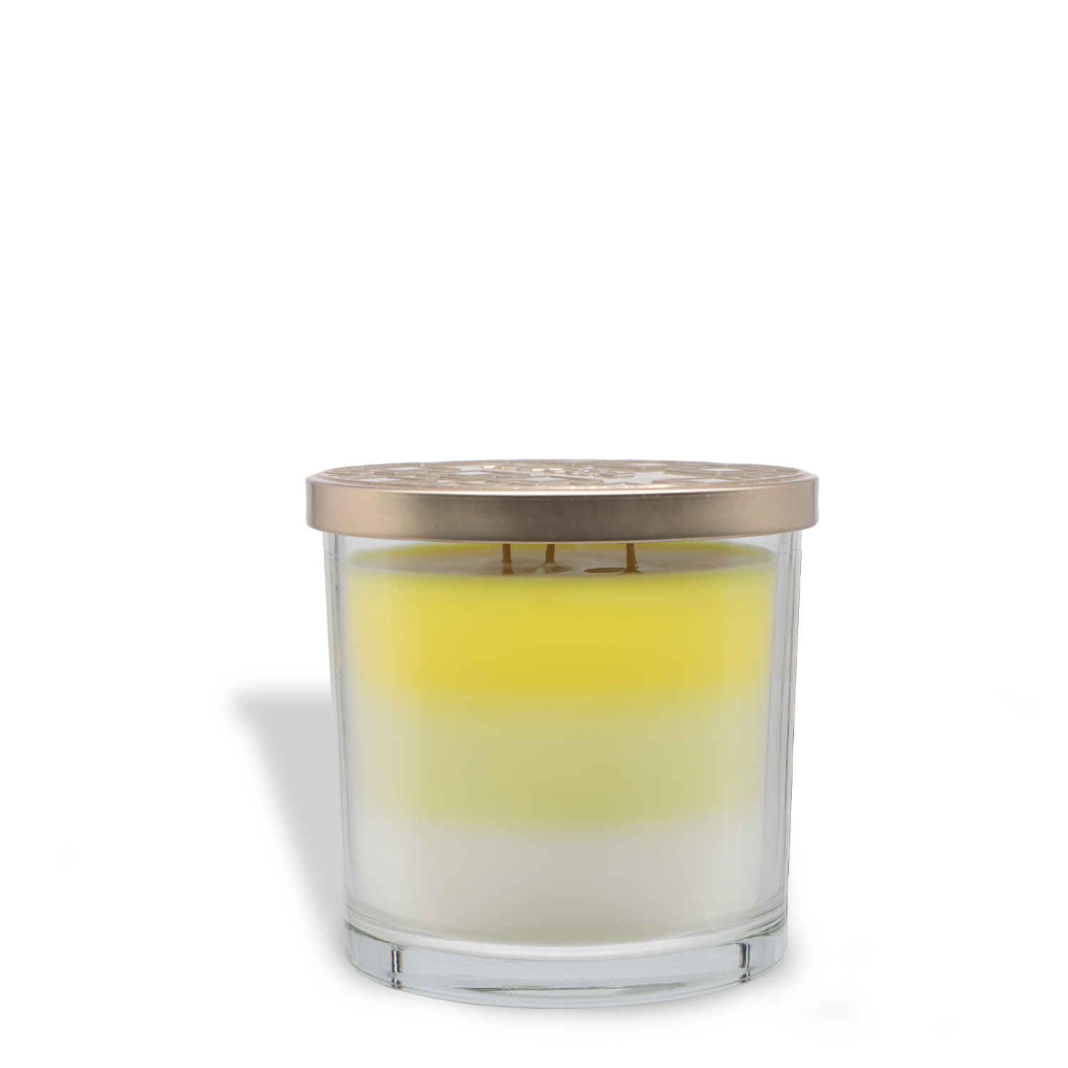 The Tuscany Candle® EVD Wild Honeysuckle Long-Lasting Scented Jar Candle (14 oz) features layered white and yellow soy-blend wax in a glass jar with a metallic lid, casting a shadow to the left.