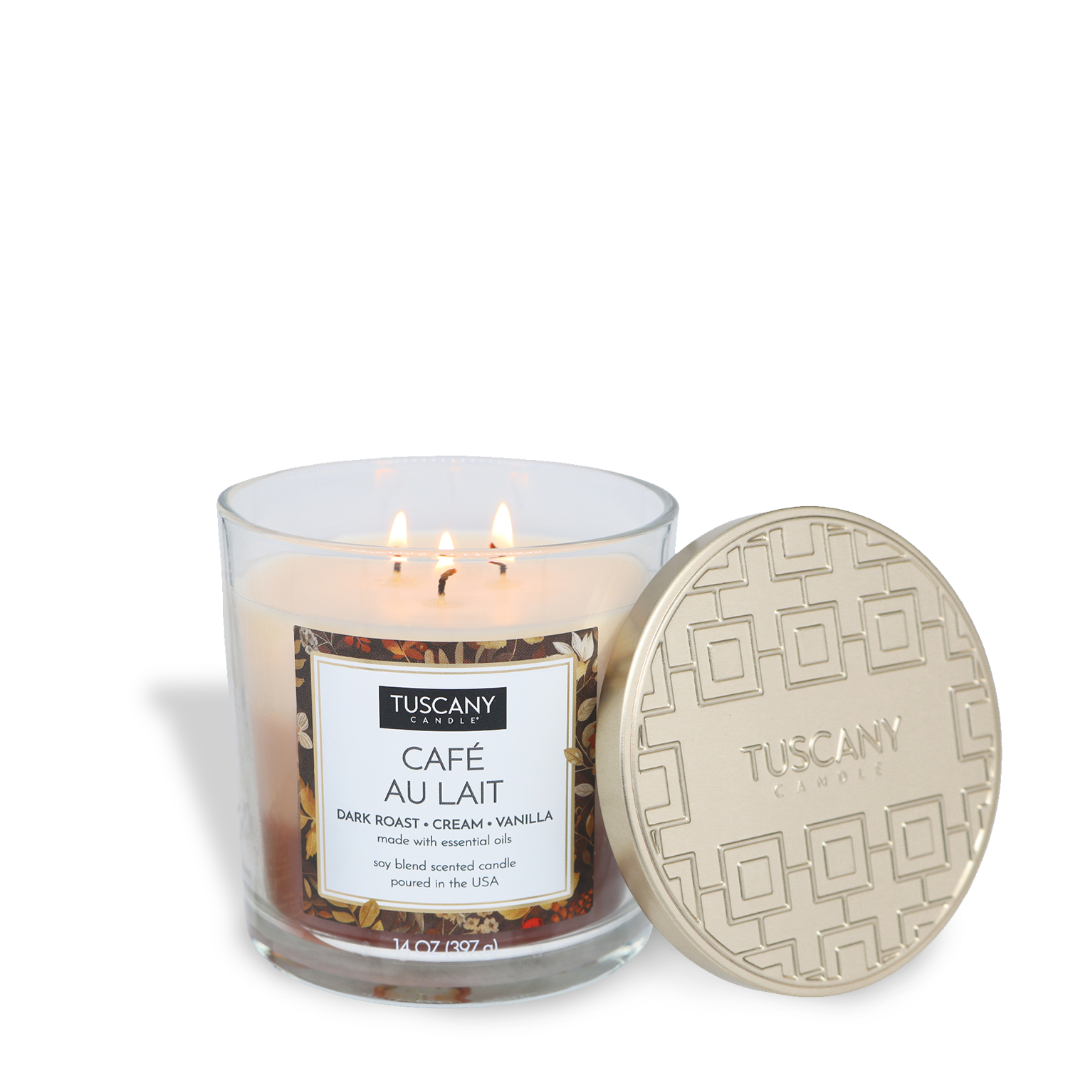 Tuscany Candle® EVD's Café Au Lait Long-Lasting Scented Jar Candle (14 oz) features three lit wicks and a gold lid beside it—a coffee shop-inspired candle ideal for creating cozy vibes.