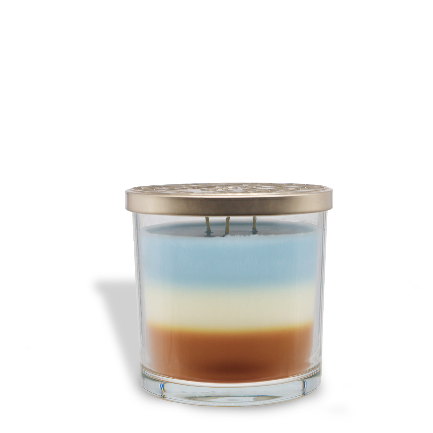 The Tuscany Candle® EVD Ocean View Long-Lasting Scented Jar Candle (14 oz) features triple-poured brown, white, and blue wax layers with three wicks and a metallic lid—evoking a refreshing ocean vibe.