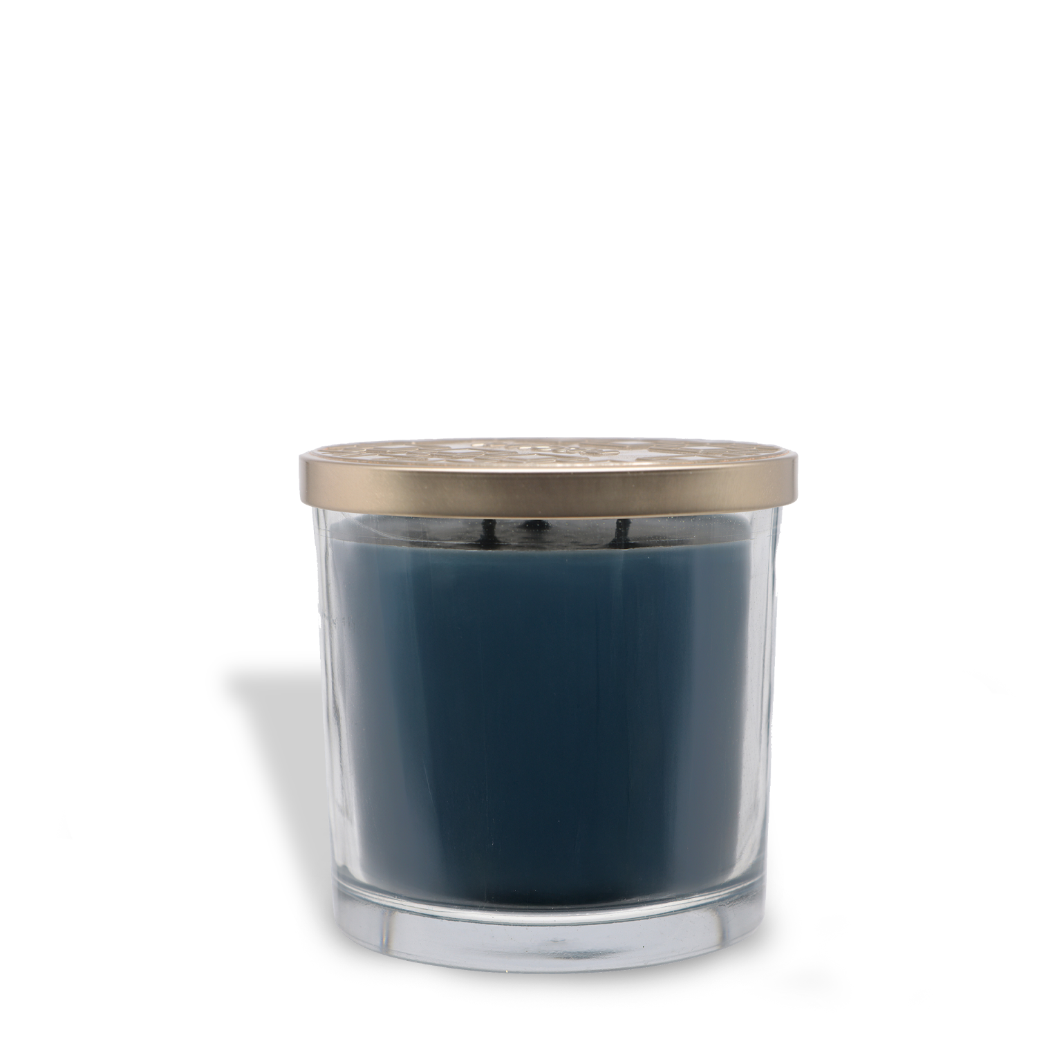 The Tuscany Candle® EVD Washed Beachwood Long-Lasting Scented Jar Candle (14 oz) features ocean fragrance, dark blue wax, and a metallic lid, displayed against a white background.