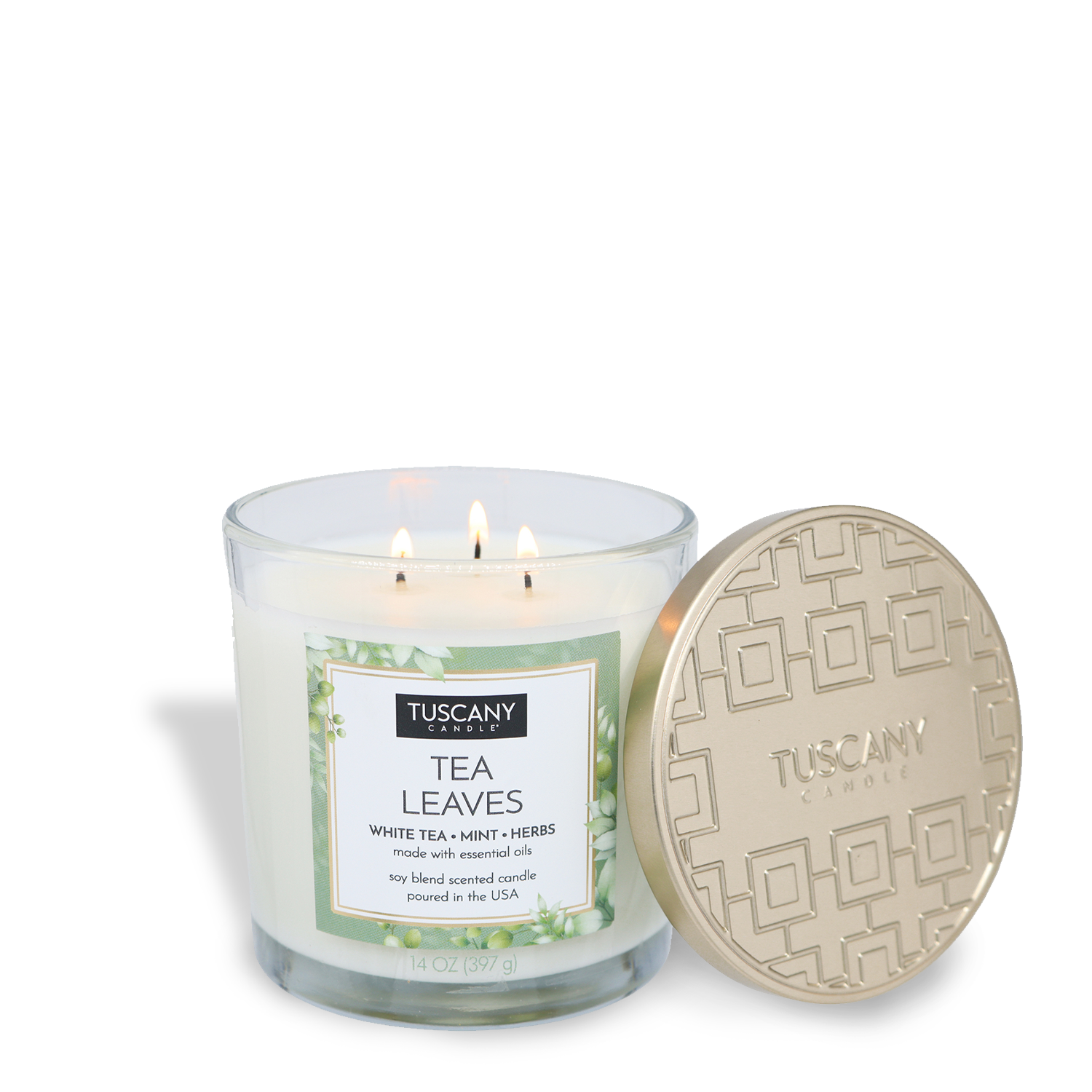 The Tuscany Candle® EVD Tea Leaves Long-Lasting Scented Jar Candle (14 oz) features a soothing aroma, a soy-blend wax, three wicks, and comes in a glass jar with lid.