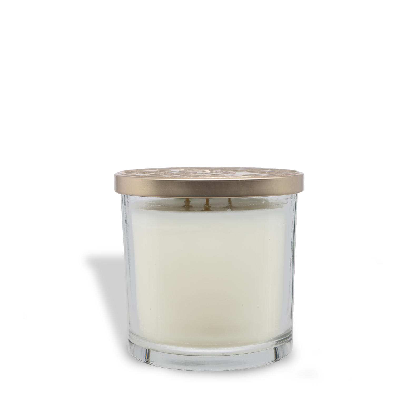 The Tuscany Candle® EVD Tea Leaves Long-Lasting Scented Jar Candle (14 oz) features white soy-blend wax in a clear glass jar with a metallic lid and three wicks, delivering the soothing aroma of tea leaves.