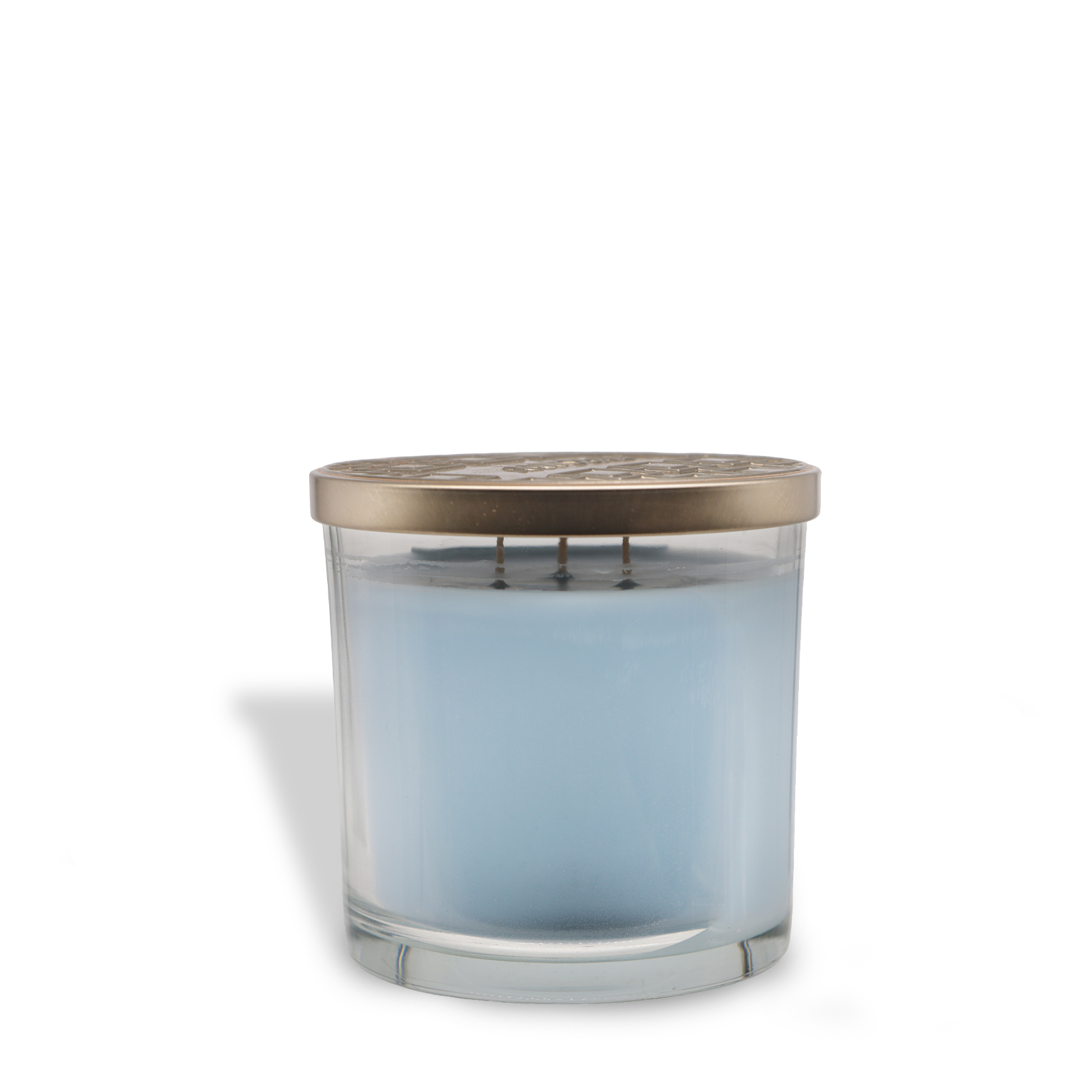 The Tuscany Candle® EVD Vanilla Sea Salt Long-Lasting Scented Jar Candle (14 oz) features light blue soy blend wax, three wicks, and a metallic lid, displayed on a white background.