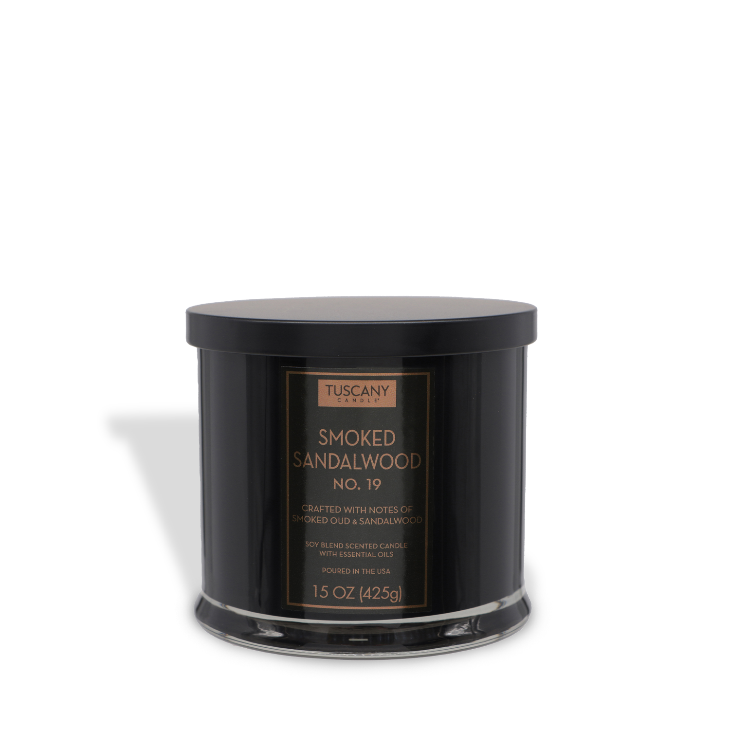 A 15 oz Smoked Sandalwood Scented Jar Candle from Tuscany Candle® EVD's Homme + Heritage Collection, labeled "No. 19," features a flat black lid and masculine aroma, shown against a white background.