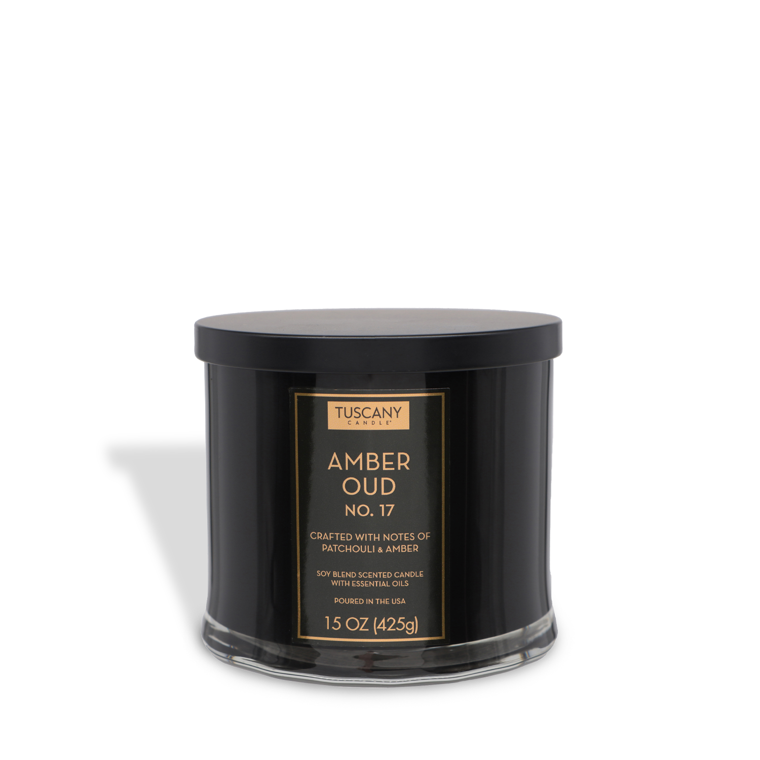 The Amber Oud Scented Jar Candle (15 oz) from the Homme + Heritage Collection by Tuscany Candle® EVD, featuring patchouli and amber notes, sits elegantly on a white background—a perfect masculine accent for any room.