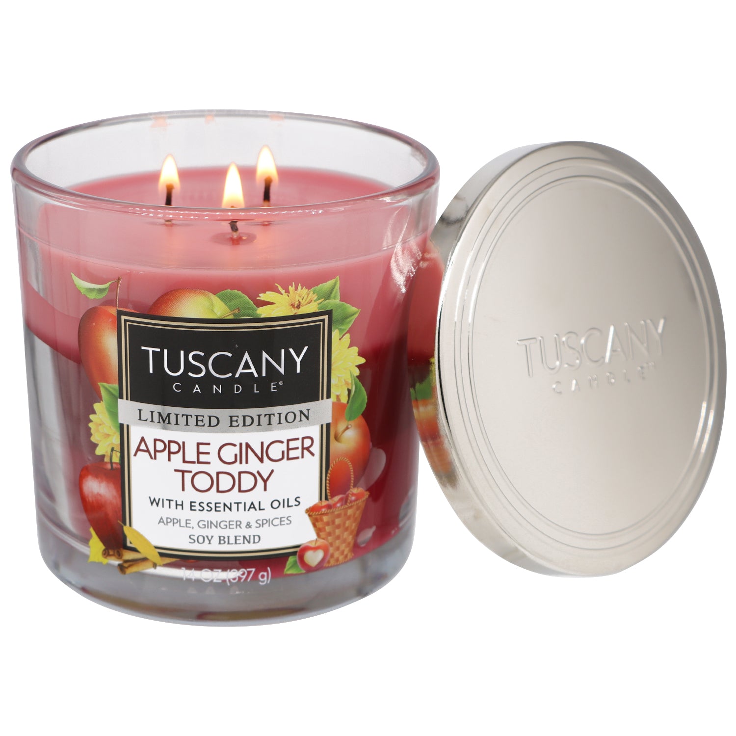 A photo of lit scented candle called "Apple ginger toddy". This fall candle is full of fall smells, and is packed in a glass jar