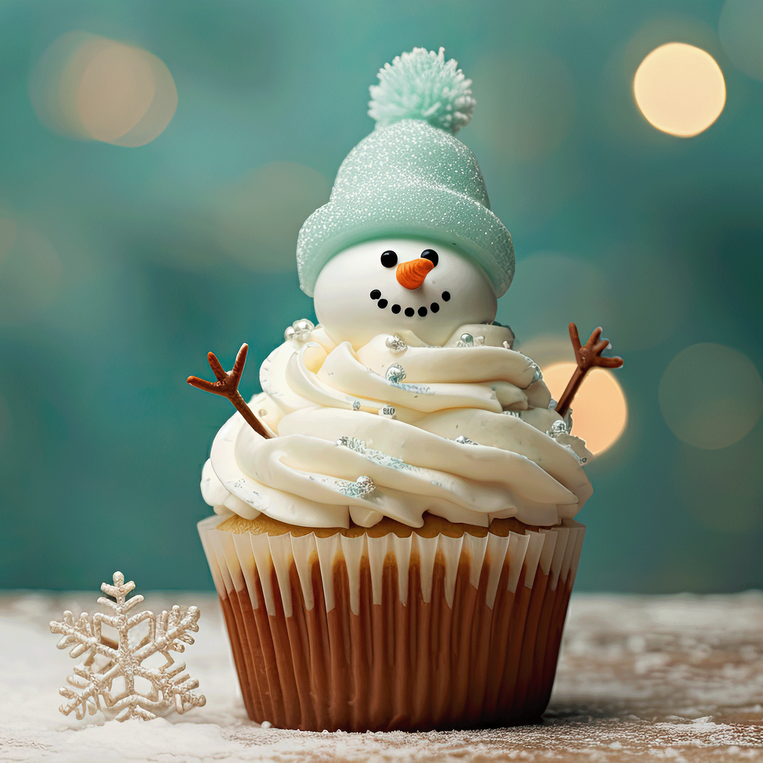 Cupcake adorned with a snowman crafted from frosting, topped with a blue hat. A snowflake ornament sits nearby on a snowy surface, evoking Christmas décor. Blurred lights in the background create a cozy atmosphere, reminiscent of the warm glow and long-lasting fragrance of the Vanilla Snowfall Long-Lasting Scented Jar Candle by Tuscany Candle® SEASONAL.