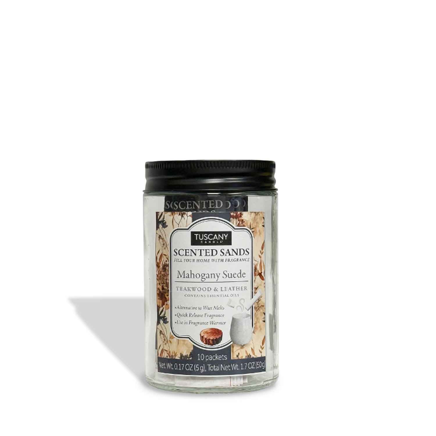 A box of Tuscany Candle® EVD Mahogany Suede Scented Sands (10 packets), perfect gel air freshener for trashcans and drawers.