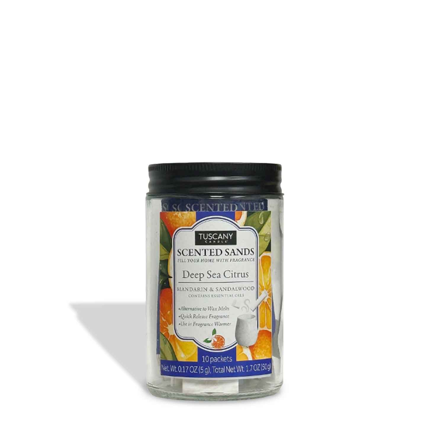 A jar of Tuscany Candle® EVD Deep Sea Citrus Scented Sands, featuring citrus fruit images and containing 10 fragrance packets.