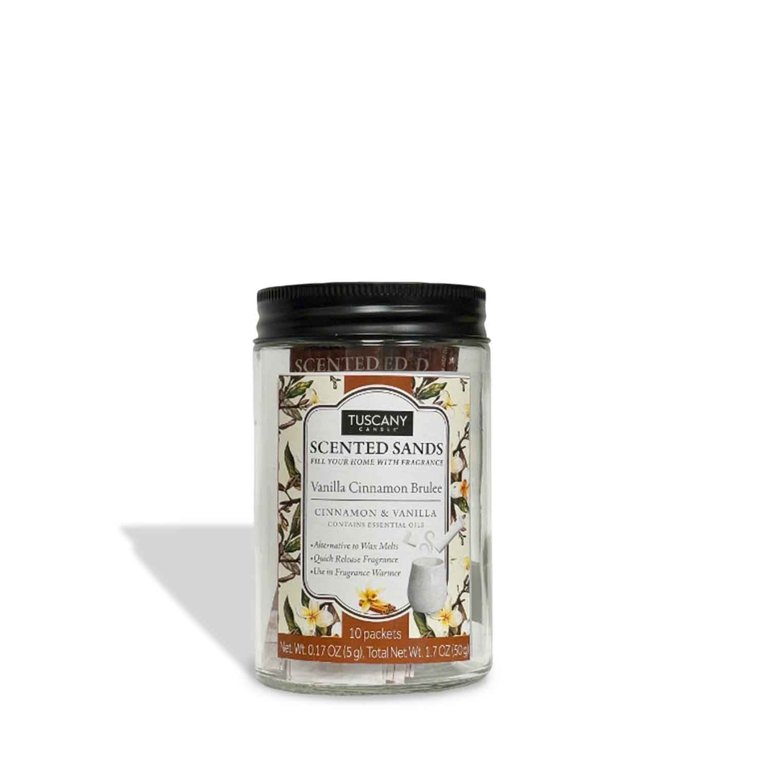 A box of Tuscany Candle® EVD Vanilla Cinnamon Brulee Scented Sands (10 packets) features detailed scent labeling with cinnamon and vanilla imagery.