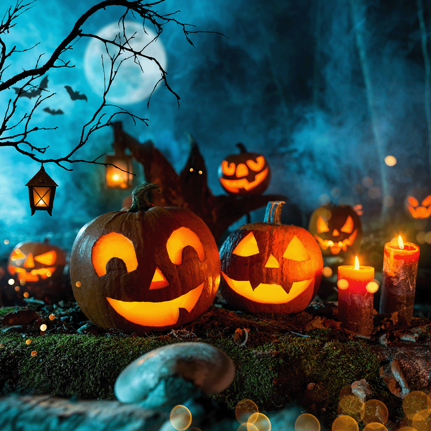 Jack-o'-lanterns with glowing faces and a Tuscany Candle® SEASONAL Jack O' Lantern Long-Lasting Scented Jar Candle (14 oz) are set in a spooky, misty forest with a full moon and bats in the background, filling the air with an eerie woodland pumpkin scent.