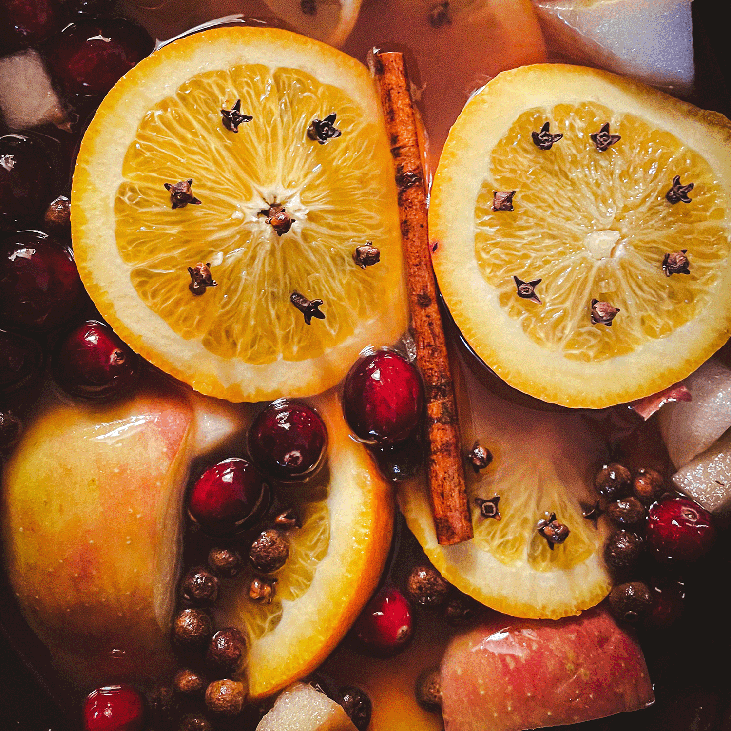 Close-up of a Bewitching Brew Long-Lasting Scented Jar Candle (14 oz) by Tuscany Candle® SEASONAL, featuring slices of orange studded with cloves, cranberries, apple pieces, cinnamon sticks, and peppercorns floating in a liquid. Perfect for adding fruity scents to your Halloween gatherings.