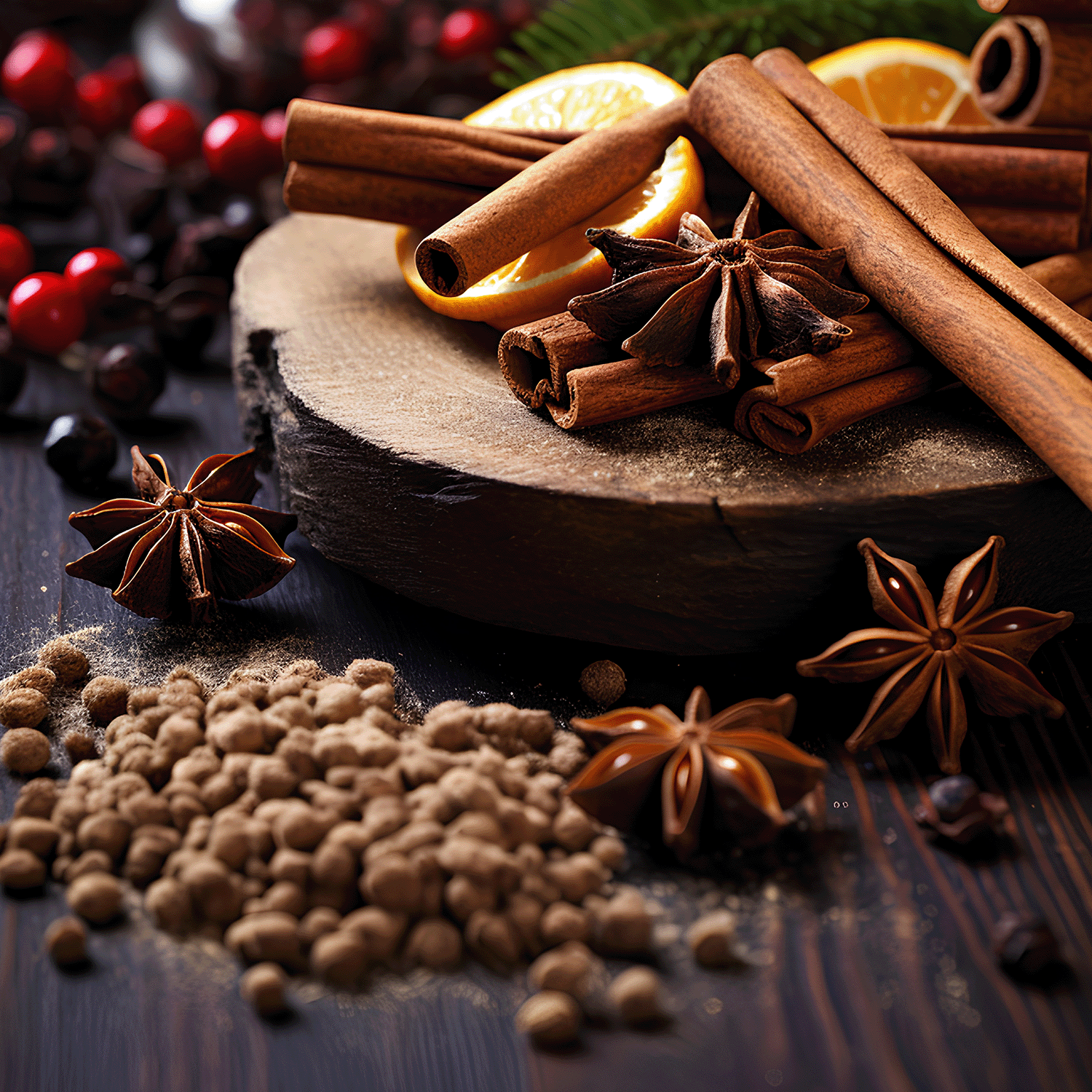 An assortment of cinnamon sticks, star anise, and ground spice on a wooden surface with scattered berries and orange slices sets the scene for the Tuscany Candle® SEASONAL Enchanted Apple Long-Lasting Scented Jar Candle (14 oz), perfect for your fall decor.