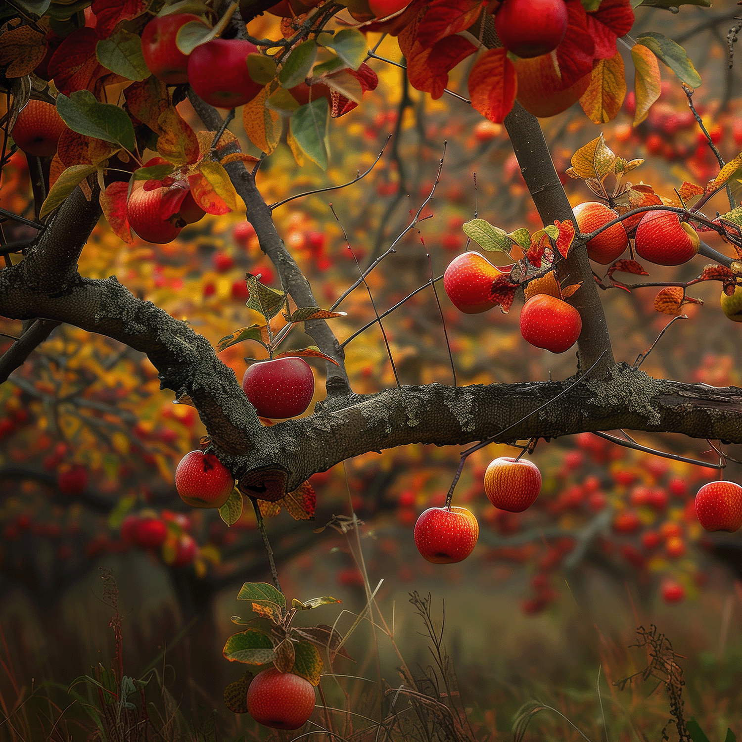 The Enchanted Apple Long-Lasting Scented Jar Candle (14 oz) by Tuscany Candle® SEASONAL brings the charm of a tree branch adorned with red apples and autumn-colored leaves to create an enchanting fall décor scene, perfectly evoking the ambiance of a blurred orchard background.