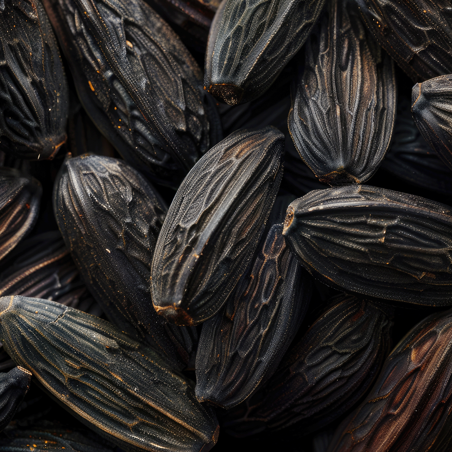 Close-up view of Essence Of A Werewolf's Grin Long-Lasting Scented Jar Candle (18 oz) by Tuscany Candle® SEASONAL from the Apothecary Collection, showcasing black cardamom pods with textured ridges and a dark, rough surface nestled among the warm woods.