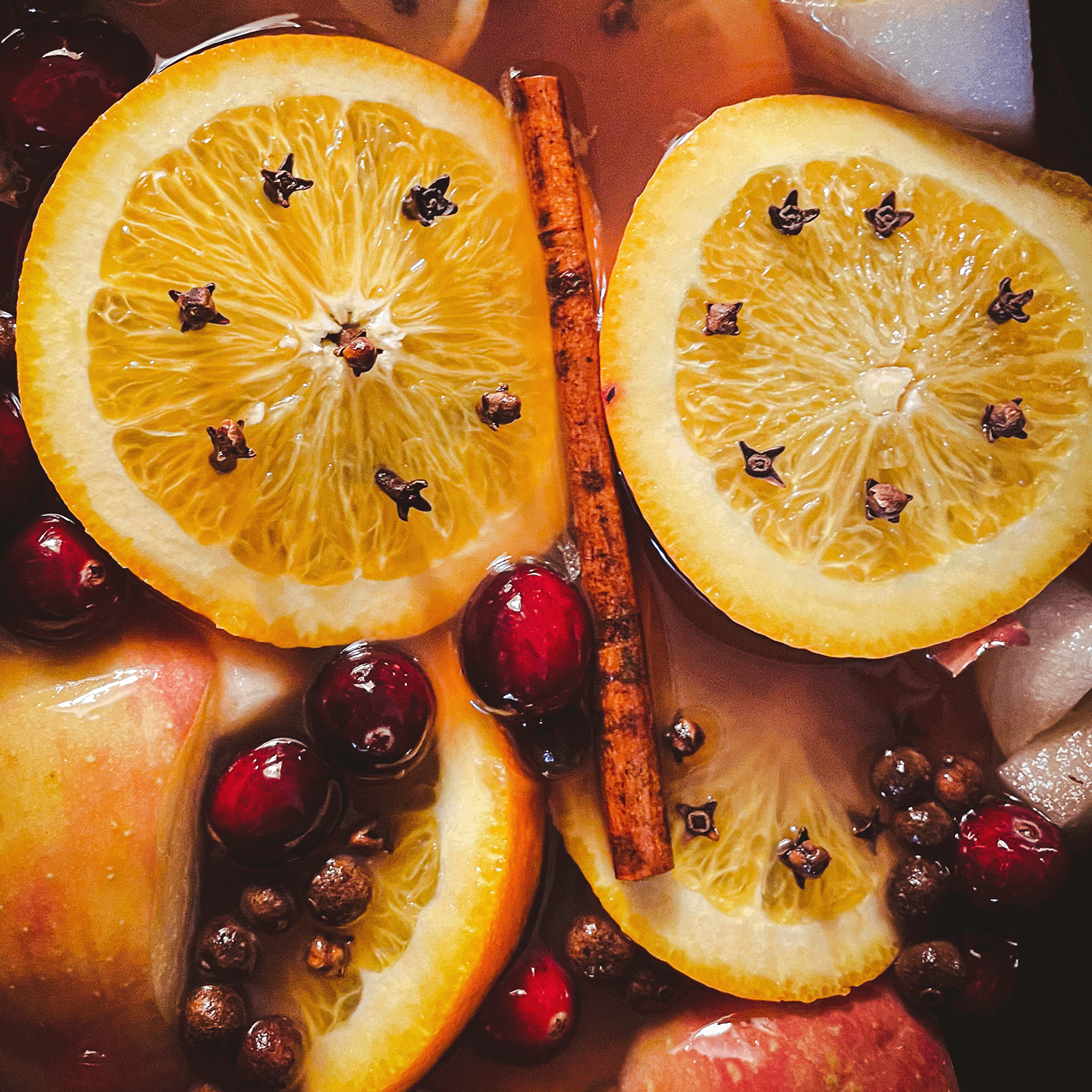 Close-up shot of sliced oranges with cloves, cranberries, cinnamon sticks, and other spices submerged in liquid, reminiscent of a Tuscany Candle® SEASONAL Bobbing For Apples Long-Lasting Scented Jar Candle (12 oz) or an inviting blend for Bobbing For Apples.