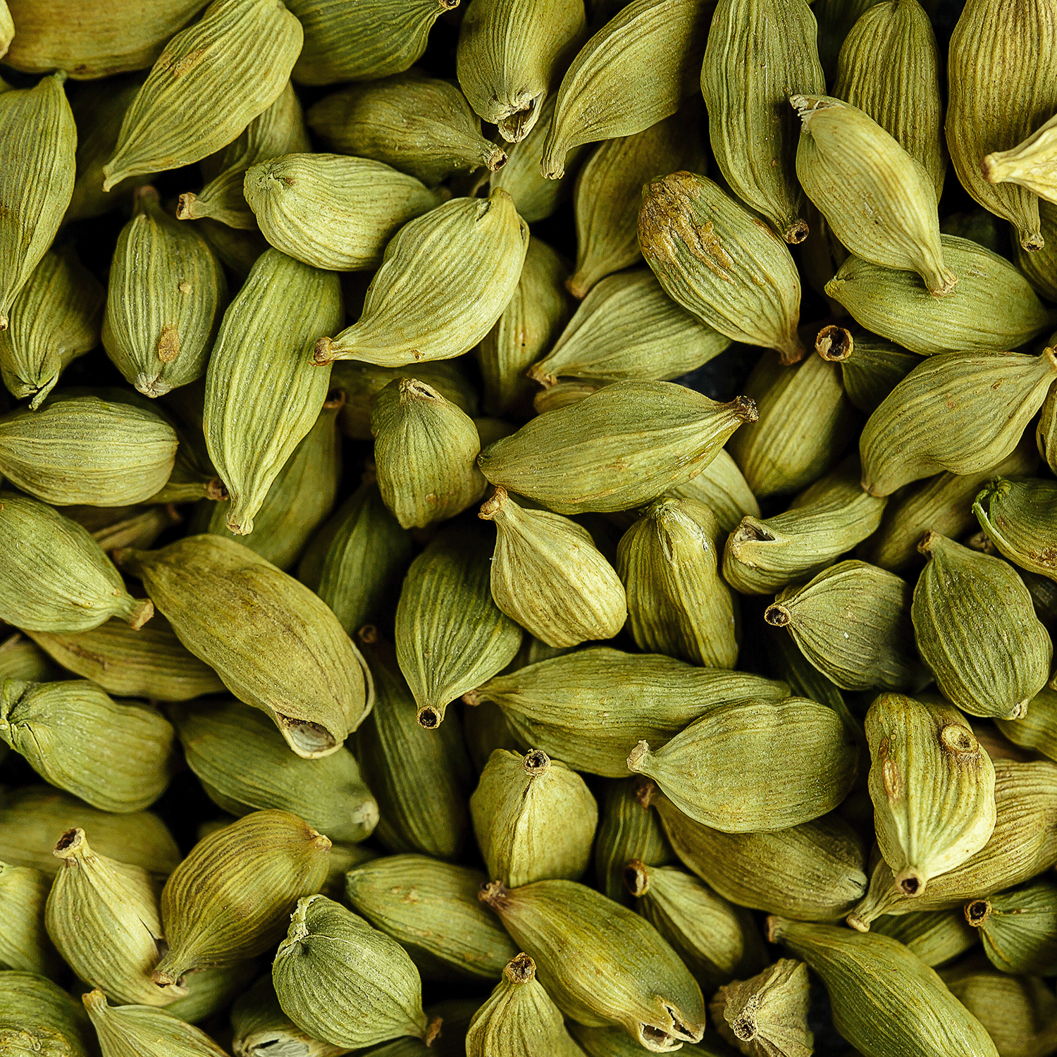 Close-up image of a pile of green cardamom pods, showcasing their distinct ridged texture and oval shape, perfect for adding a warm touch to your home with the Pumpkin Chai Muffin Long-Lasting Scented Jar Candle (14 oz) by Tuscany Candle® SEASONAL.