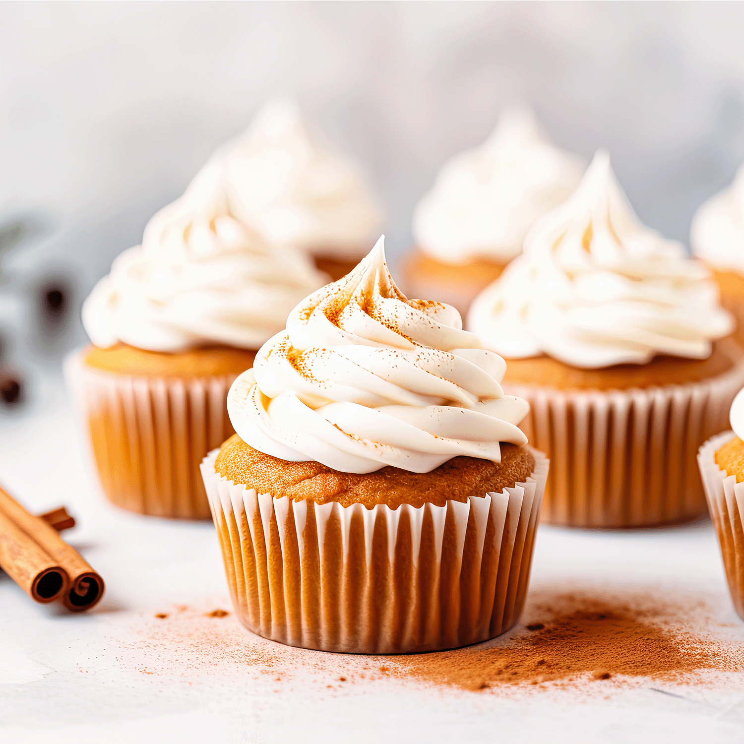 Cupcakes with swirled white frosting are positioned on a light surface, surrounded by cinnamon sticks and a dusting of cinnamon powder, evoking the warm flavors reminiscent of the Pumpkin Chai Muffin Long-Lasting Scented Jar Candle (14 oz) by Tuscany Candle® SEASONAL.