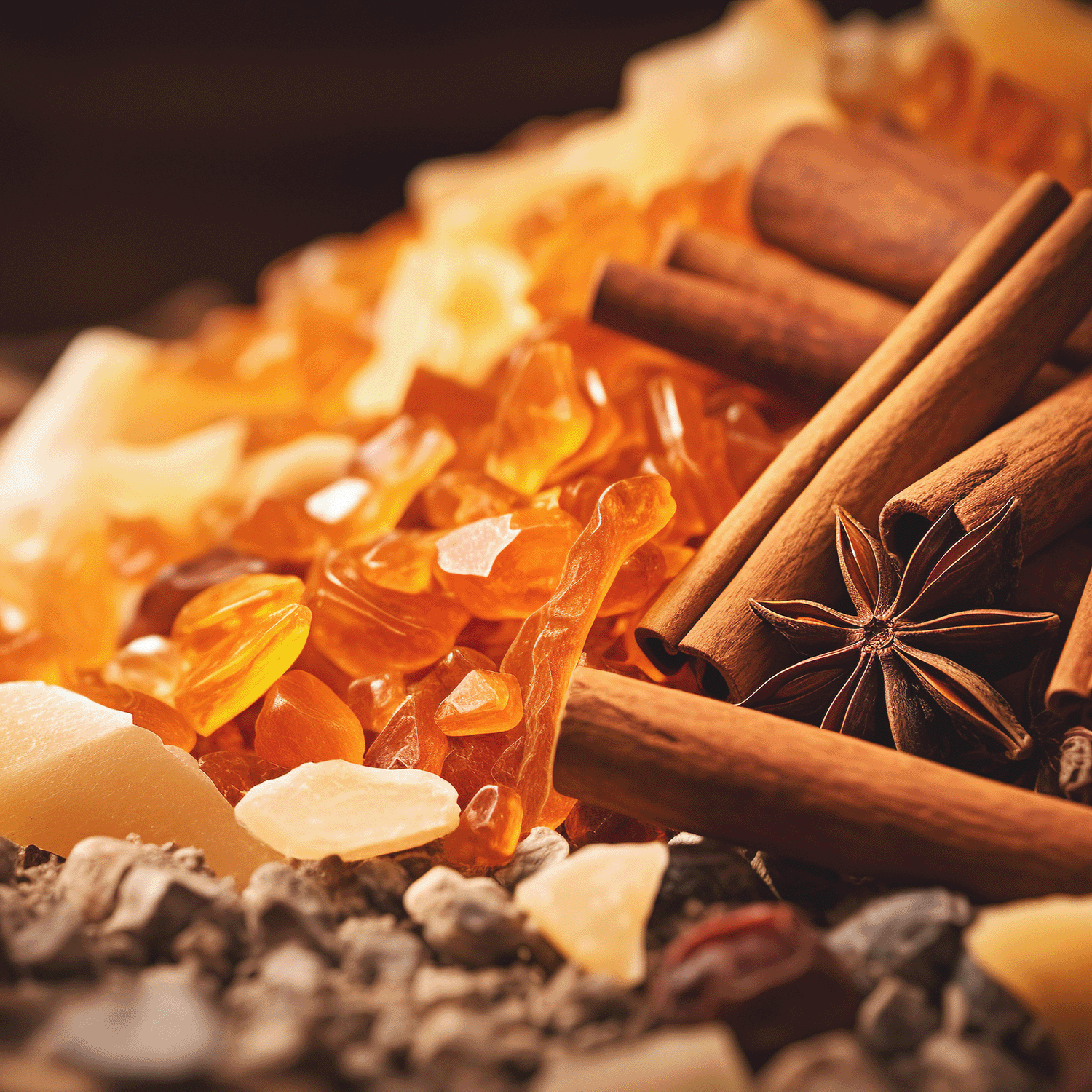 A close-up of amber crystals, cinnamon sticks, and star anise from the Tuscany Candle® SEASONAL Fall Collection. The background features a blend of ground spices and coarse material chunks, capturing the essence of our premium Pumpkin & Amber Long-Lasting Scented Jar Candle (18 oz).