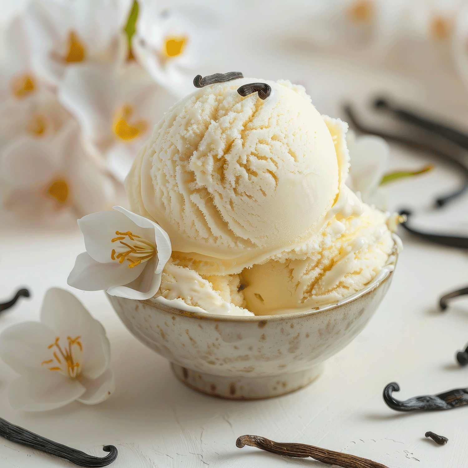 A bowl of vanilla ice cream garnished with vanilla beans and surrounded by white flowers, reminiscent of the cozy scents from our Tuscany Candle® SEASONAL Fall Collection, like the Pumpkin & Amber Long-Lasting Scented Jar Candle (18 oz).