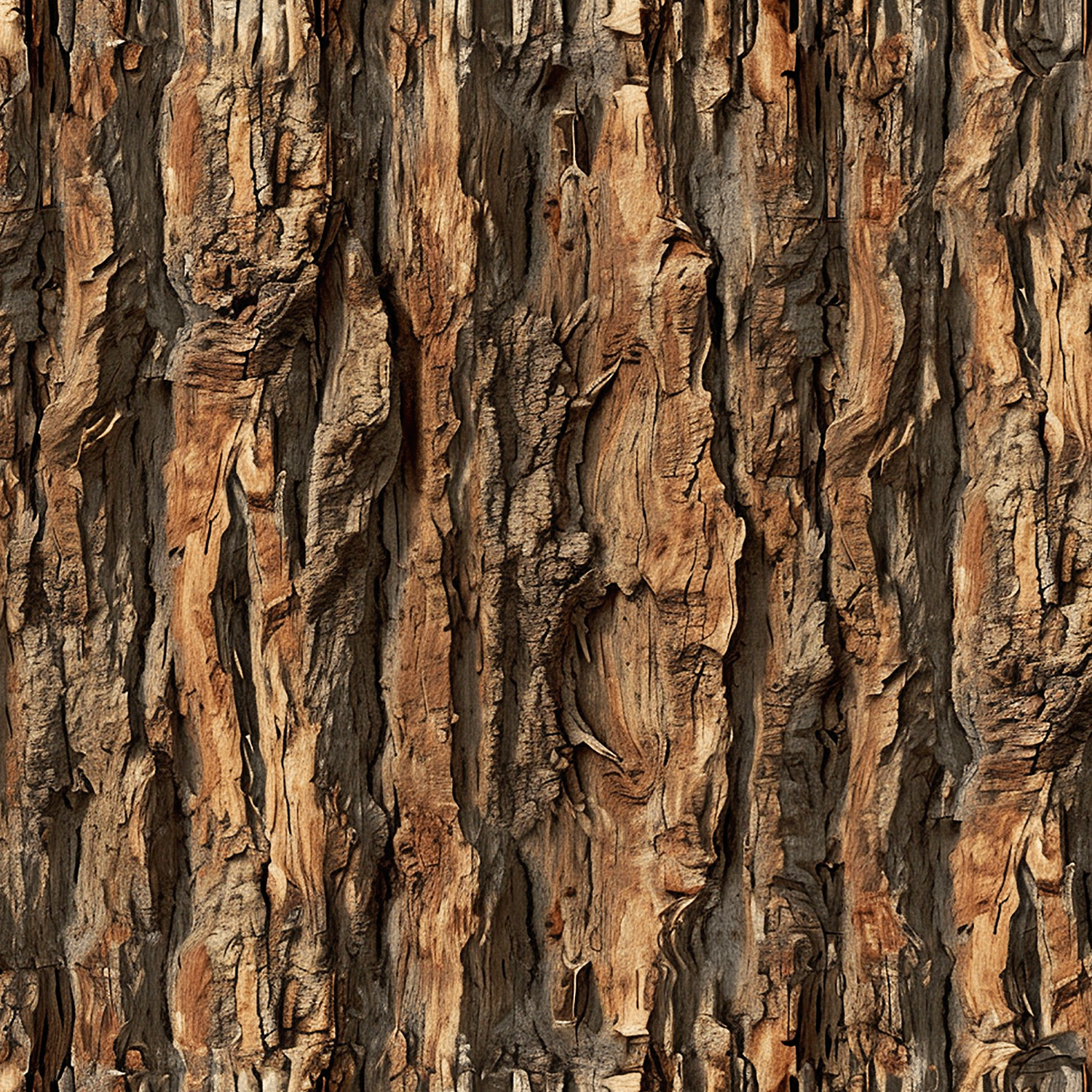 Close-up of rough, textured tree bark with various shades of brown and gray, reminiscent of the Cozy Fireside Marshmallows Long-Lasting Scented Jar Candle (12 oz) from the Autumn Flannels Collection by Tuscany Candle® SEASONAL. The surface features deep crevices and irregular patterns.