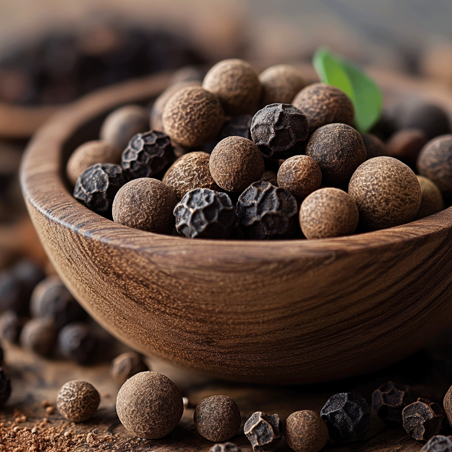 A wooden bowl filled with various dried peppercorns, including black and brown ones, sits on a textured wooden surface, blending seamlessly into the cozy ambiance created by the Iced Pumpkin Cake Long-Lasting Scented Jar Candle (12 oz) from our limited-edition Tuscany Candle® SEASONAL Copper Harvest Collection.