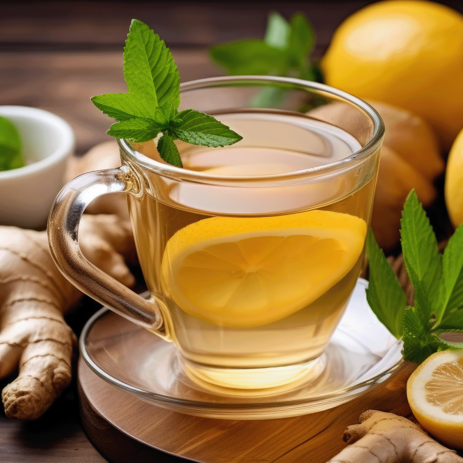 A glass cup of lemon ginger tea garnished with a mint leaf and a hint of lemon zest sits on a saucer. Fresh ginger roots, lemons, and mint leaves are arranged around the cup on a wooden surface, next to the Tuscany Candle® SEASONAL Ginger Lemon Pumpkin Long-Lasting Scented Jar Candle (12 oz) from the Copper Harvest Collection.