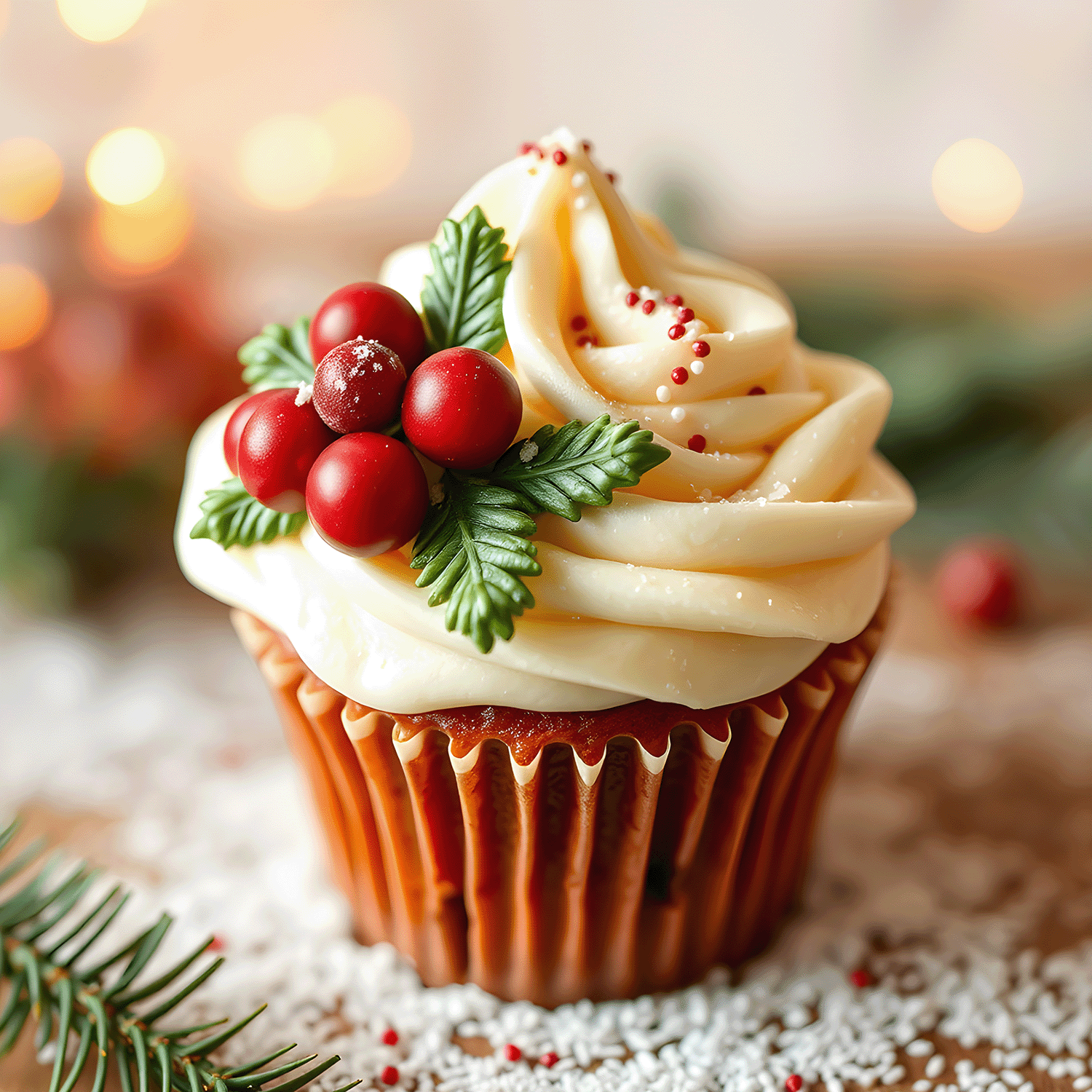 A cupcake adorned with white frosting, red berries, and green leaves rests elegantly amid a light dusting of white powder. The blurred lights in the background evoke the festive spirit of the Tuscany Candle® SEASONAL's Sugarplum Cheer Long-Lasting Scented Jar Candle (18 oz), reminiscent of a holiday candle's warm embrace.