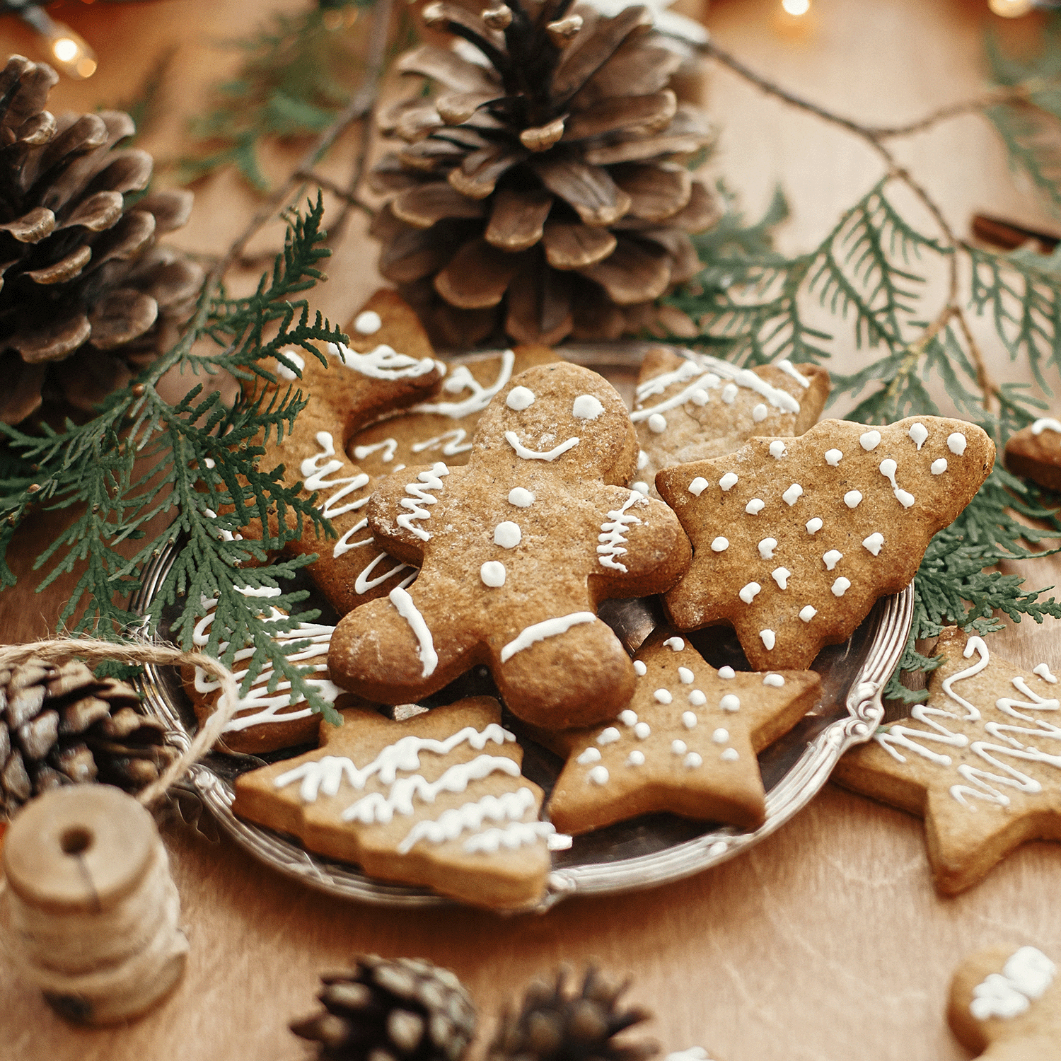 A plate of gingerbread cookies adorned with white icing sits amidst pinecones and greenery on a wooden table, enhanced by the cozy ambiance of Tuscany Candle® SEASONAL’s Gingerbread Cookies Long-Lasting Scented Jar Candle (18 oz), its enduring burn adding warmth to the scene.