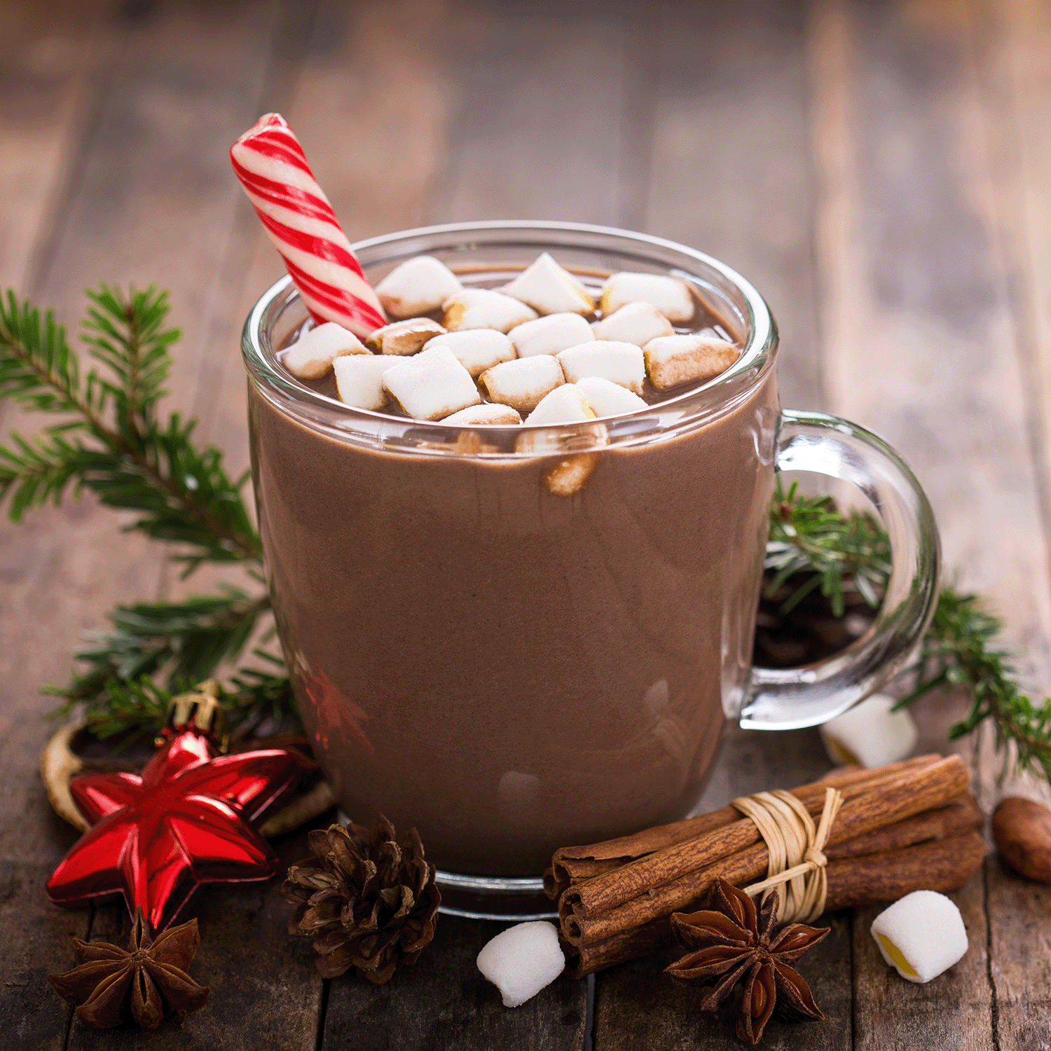 On a wooden table, a cozy scene unfolds with a mug of hot chocolate topped with marshmallows and adorned by a candy cane. The arrangement is complemented with cinnamon sticks, star anise, a red star ornament, and evergreen branches. Enhance the atmosphere further with the inviting aroma of the Tuscany Candle® SEASONAL Hot Cocoa Nights Long-Lasting Scented Jar Candle (14 oz), crafted from a durable soy wax blend.