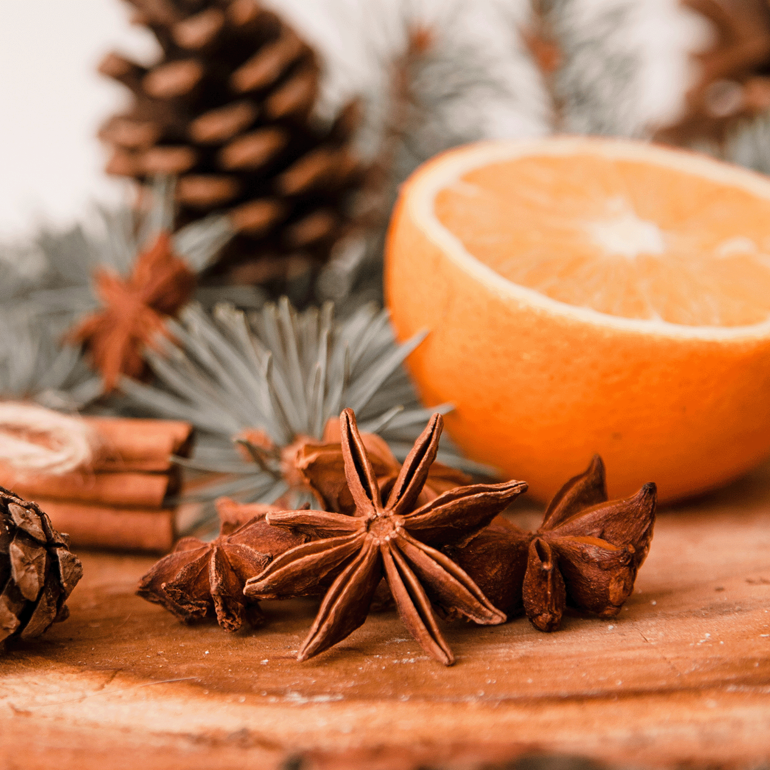 A close-up of Tuscany Candle® SEASONAL's Cinnamon & Spice Scented Wax Melt (2.5 oz) featuring star anise, cinnamon sticks, and an orange slice on a wooden surface is complemented by the presence of pinecones and spruce branches in the background.