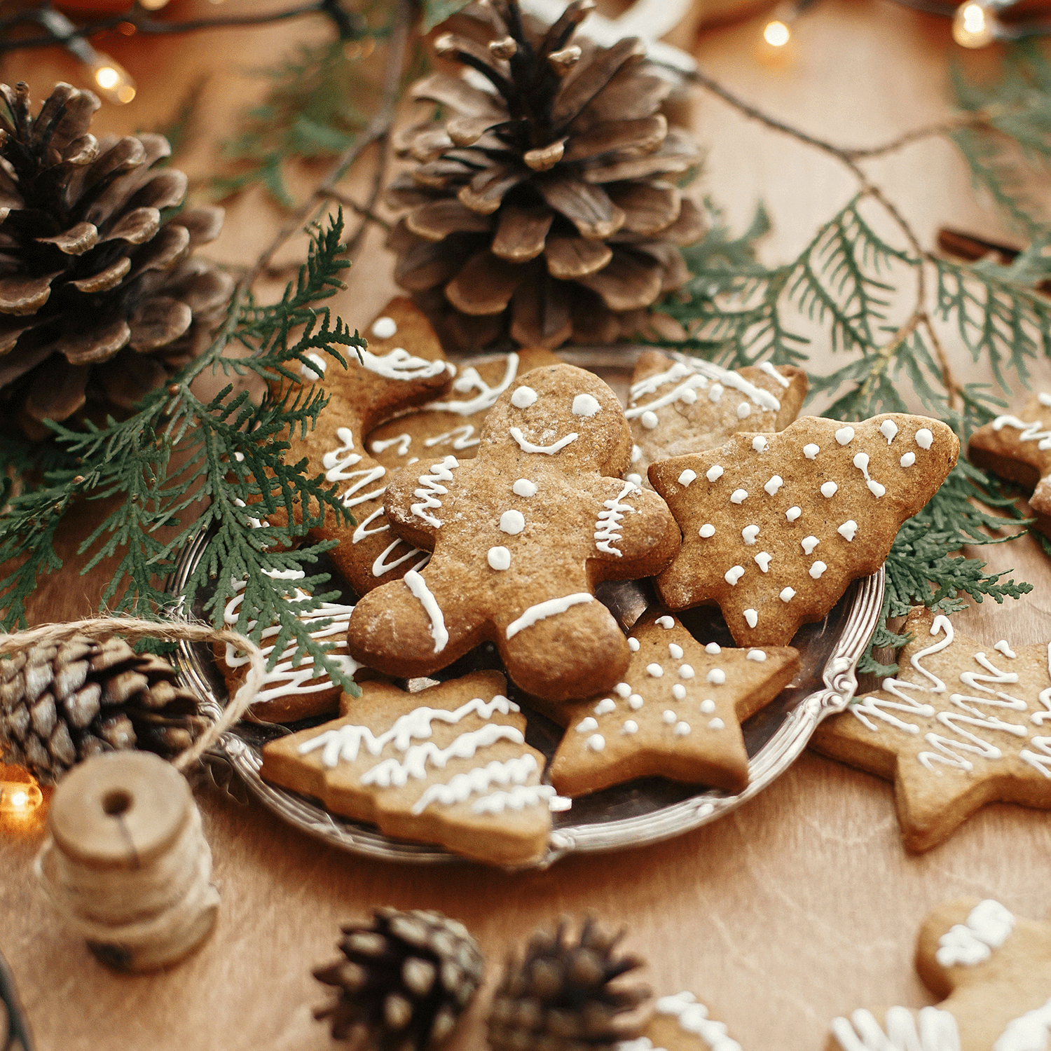 A scene featuring a plate of Gingerbread Jingle scented wax melts by Tuscany Candle® SEASONAL, surrounded by pinecones and evergreen branches.