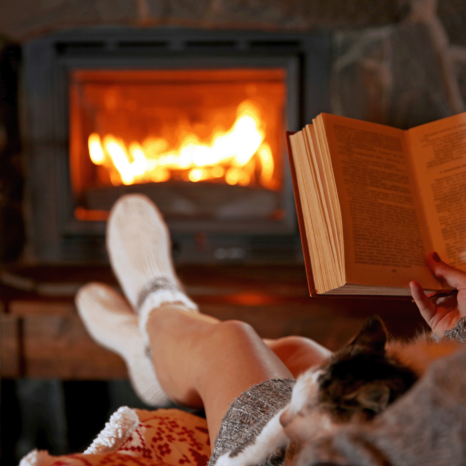 A person wearing wool socks reads a book by the fireplace, their cat nestled on their lap, as the Holiday Hearth Scented Wax Melt by Tuscany Candle® SEASONAL fills the room with its warm aroma.