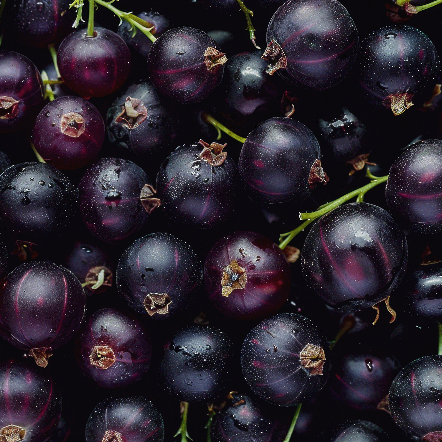 A close-up of a pile of ripe blackcurrants, their glossy surfaces highlighted by the green stems, captures the enticing aroma of the Yuletide Cider Scented Jar Candle by Tuscany Candle® SEASONAL (18 oz).