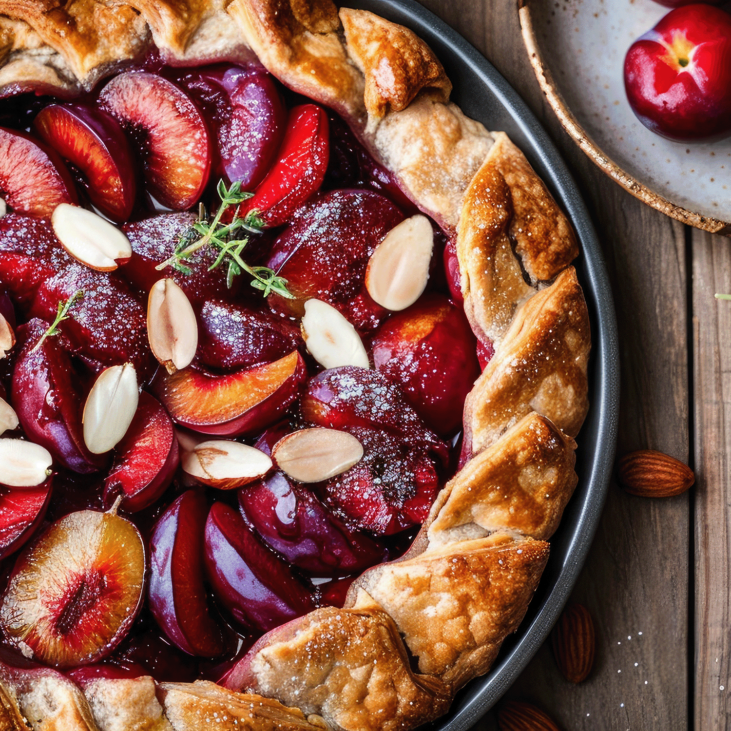 A Jingle Bell Punch scented jar candle (18 oz) by Tuscany Candle® SEASONAL sits on a wooden table adorned with holiday decor, alongside a rustic plum galette topped with almond slices and a sprig of thyme, next to a sliced plum in a dish.