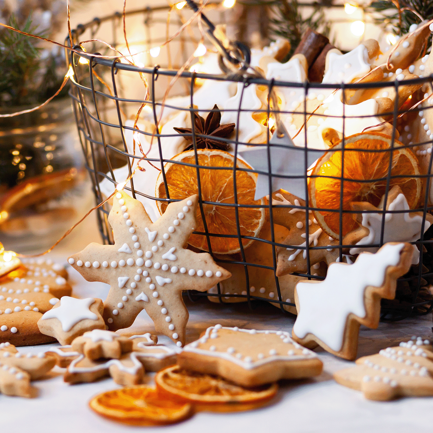 A wire basket brimming with assorted frosted cookies and dried orange slices exudes a delightful holiday aroma, set amidst more cookies, festive lights, and the inviting glow of a Tuscany Candle® SEASONAL Shimmering Lemon Iced Gingerbread Scented Jar Candle (12 oz).