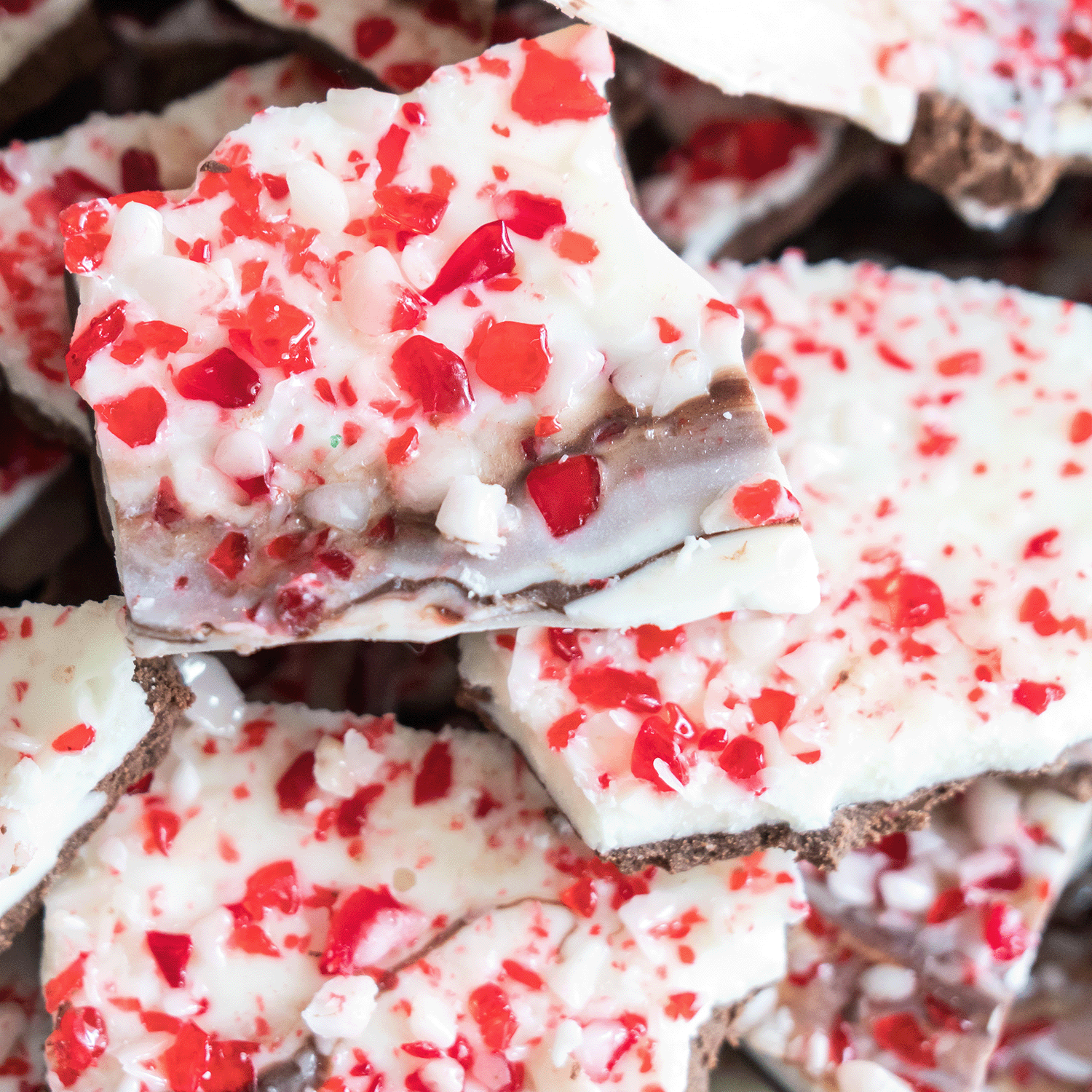 Close-up of chocolate bark pieces topped with crushed red and white peppermint candy, reminiscent of the inviting and long-lasting aroma of a Tuscany Candle® SEASONAL Peppermint Bark Scented Jar Candle (15 oz), ideal for the Christmas season.