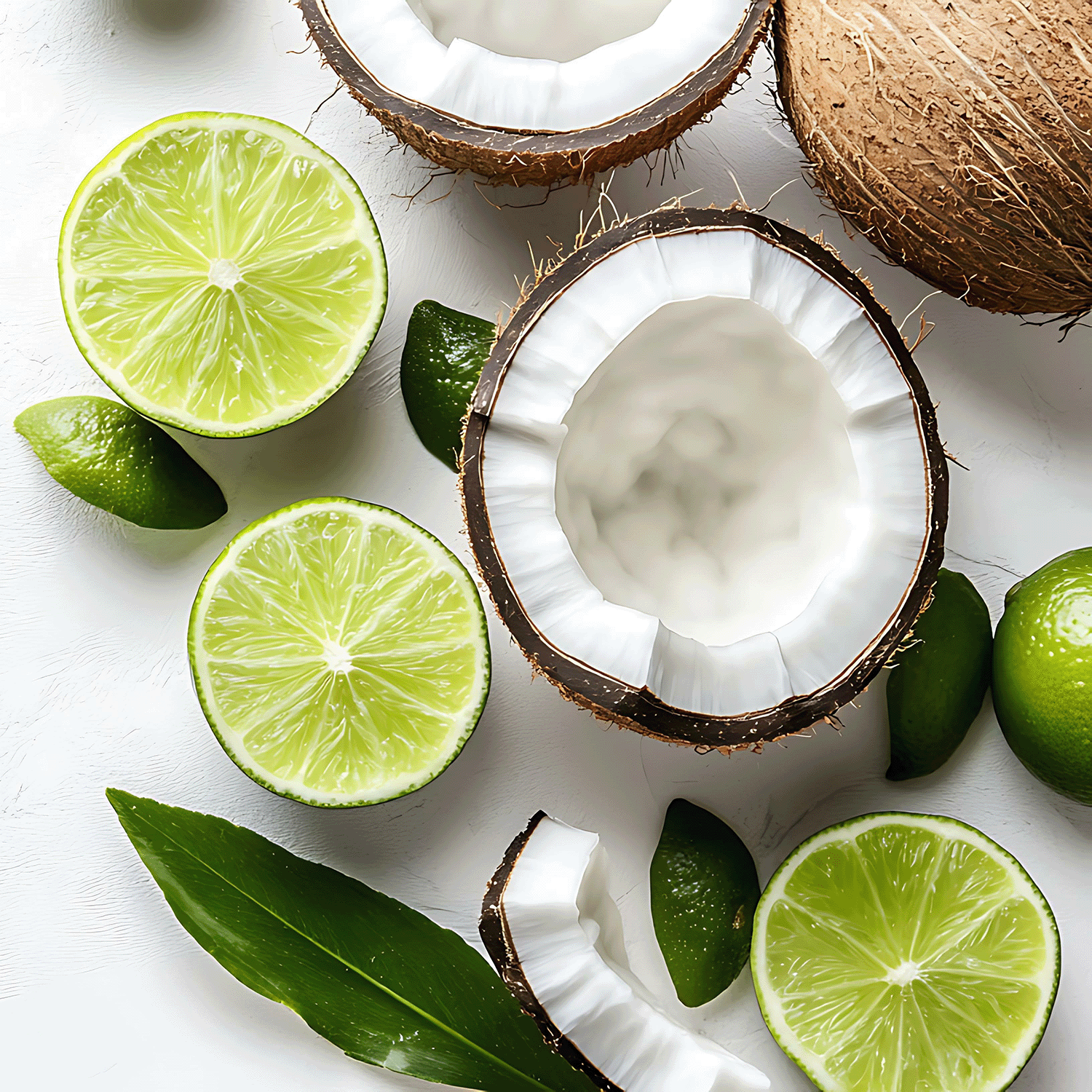 Halved coconuts and sliced limes, evoking the refreshing scent of Tuscany Candle® SEASONAL Lime Blossom Linen Scented Spring Wax Melt (2.5 oz), are artfully arranged on a white surface.