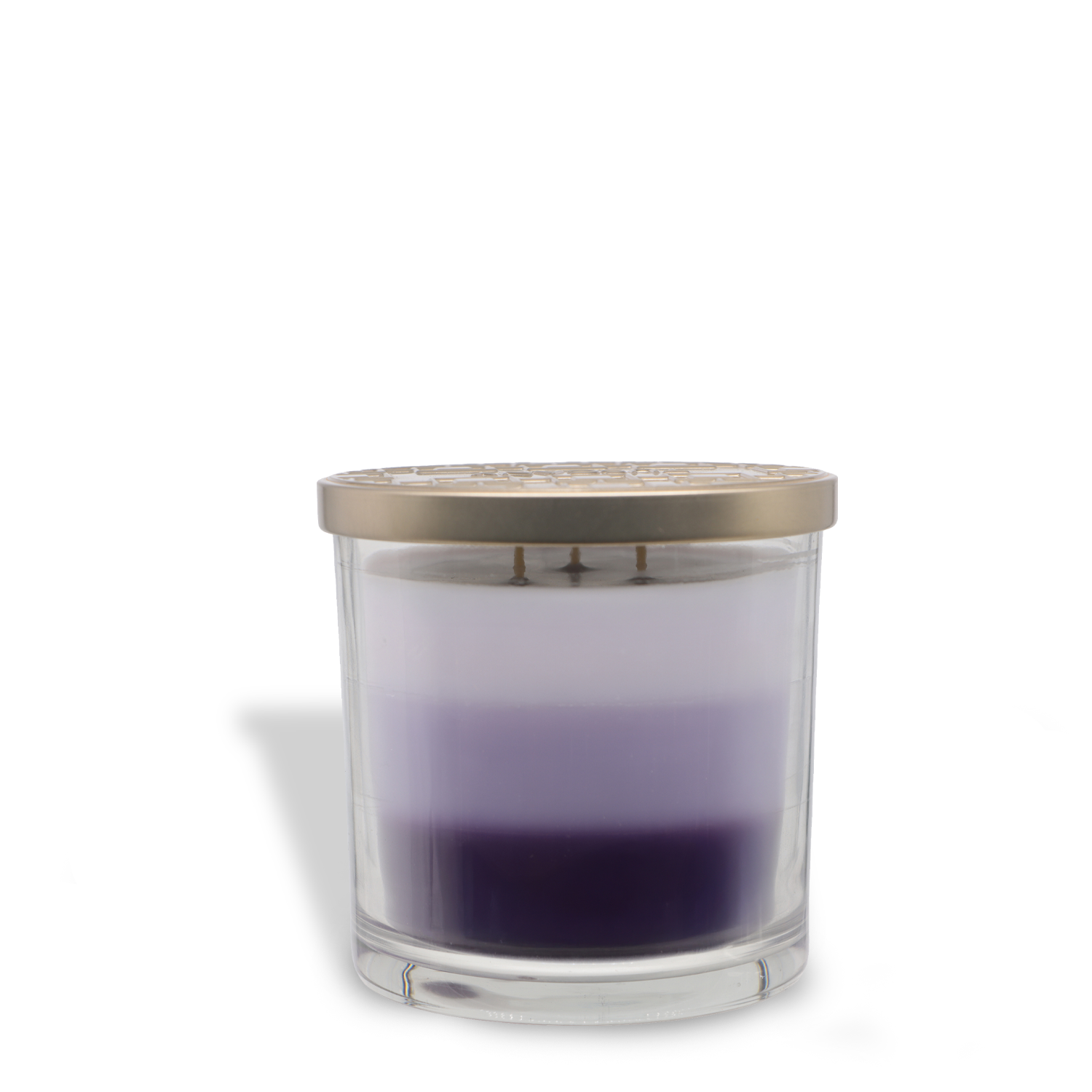 The Tuscany Candle® EVD Lavender Meadow Long-Lasting Scented Jar Candle (14 oz) features layered purple and white soy blend wax in a clear glass jar with a gold-colored lid, shown on a white background.