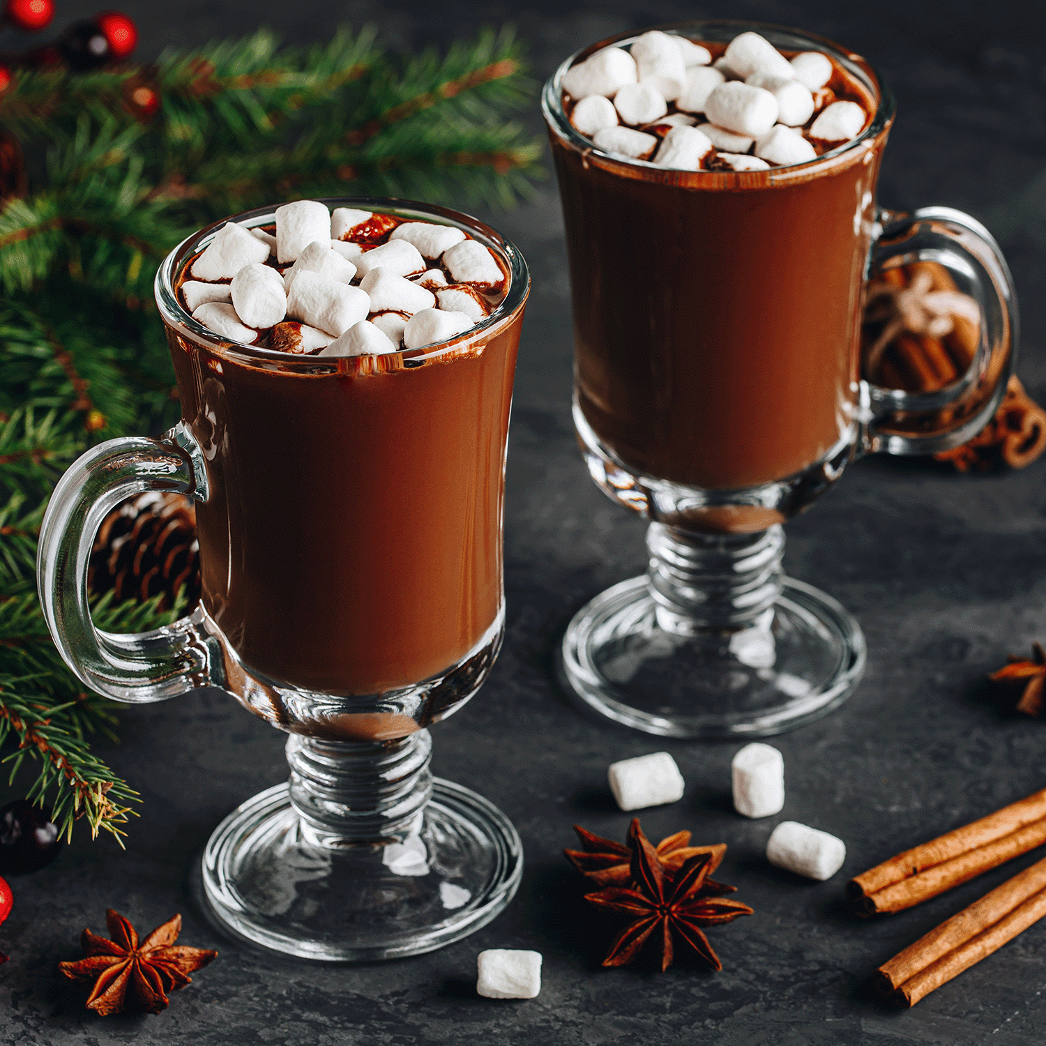 Two glasses of hot chocolate topped with marshmallows are set on a dark surface, surrounded by pine branches, star anise, and cinnamon sticks, capturing the essence reminiscent of Tuscany Candle® SEASONAL's Winter Flannels Collection.