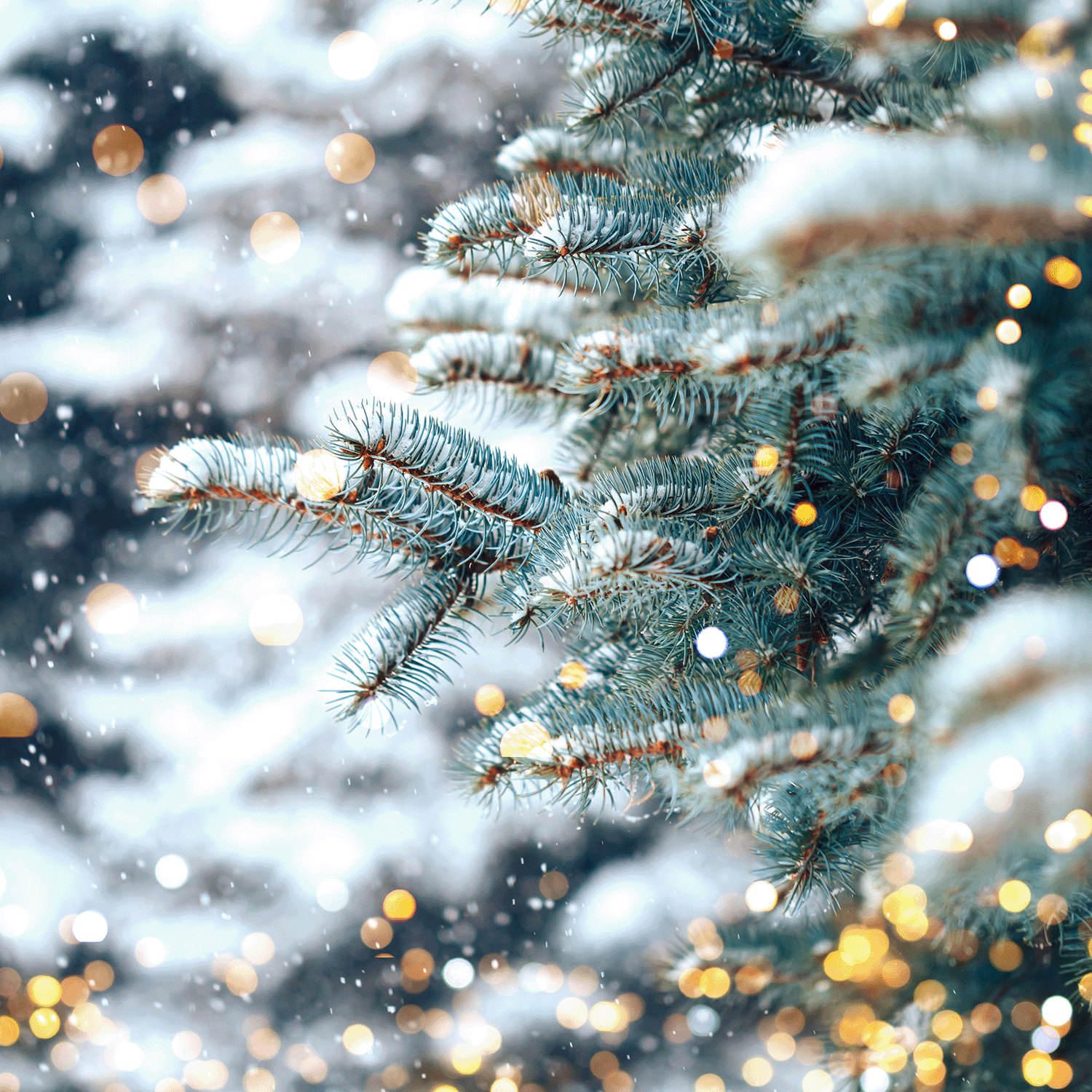 A close-up of snow-covered evergreen branches with soft-focus golden lights and falling snowflakes fills the chilly air, enhanced by the soothing aroma of the Forest Balsam Scented Jar Candle (18 oz) from Tuscany Candle® SEASONAL's Winter Reverie Collection.