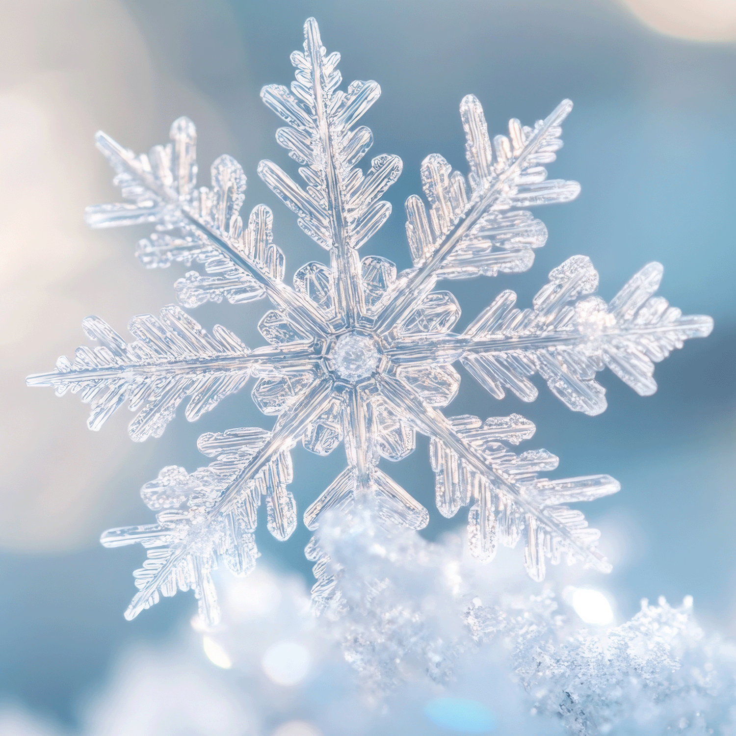 A close-up of a sparkling snowflake resting on fluffy snow captures the essence of the Siberian fir needle scent gently lingering in the crisp air, all against a blurred blue background, similar to the atmosphere evoked by Tuscany Candle® SEASONAL's Sparkling Snowflakes Scented Jar Candle (12 oz).