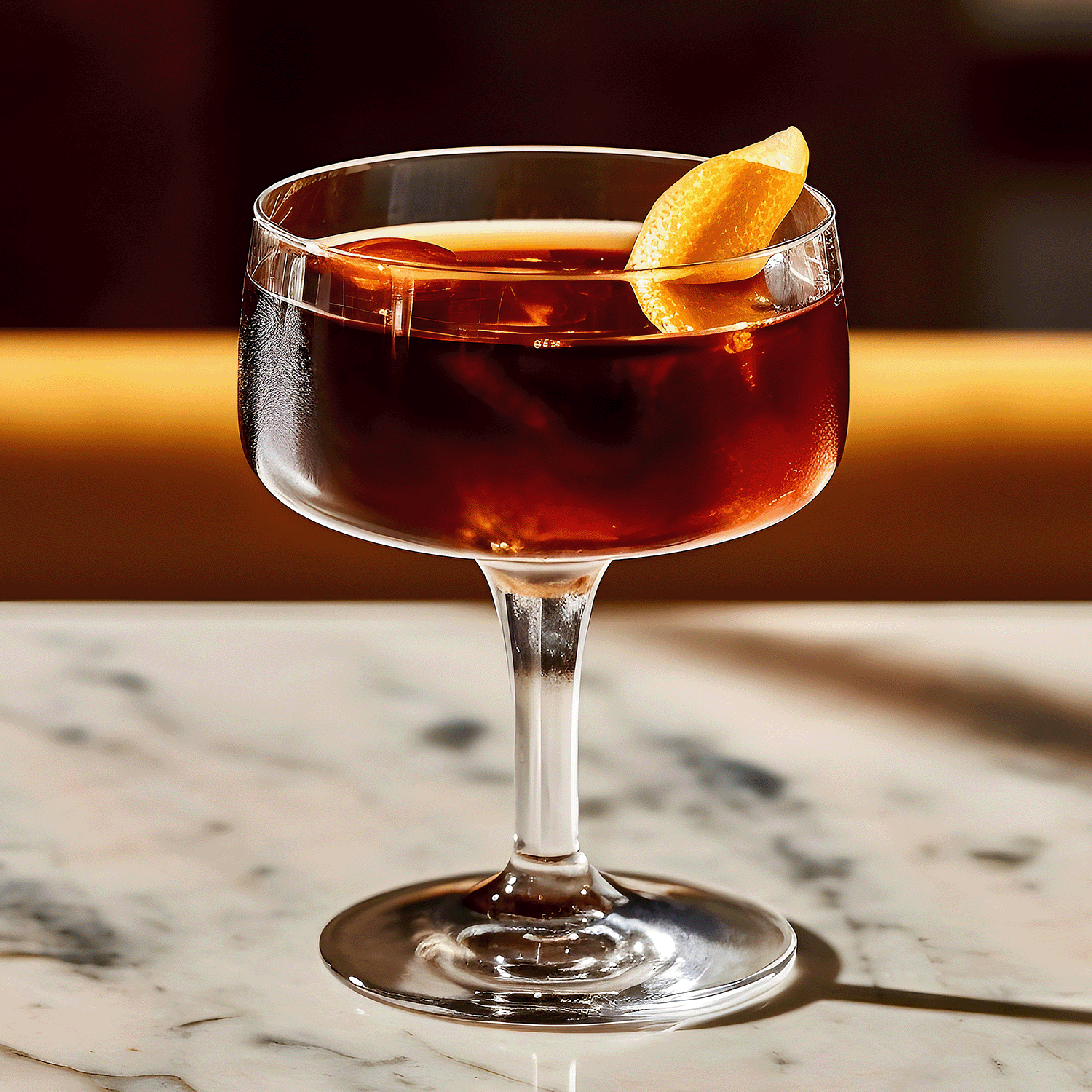 A coupe glass with a dark brown cocktail and lemon twist sits on marble beside a glowing Tuscany Candle® SEASONAL Chestnut Bourbon: Maple Syrup & Toasted Chestnut Scented Fall Candle (18 oz).