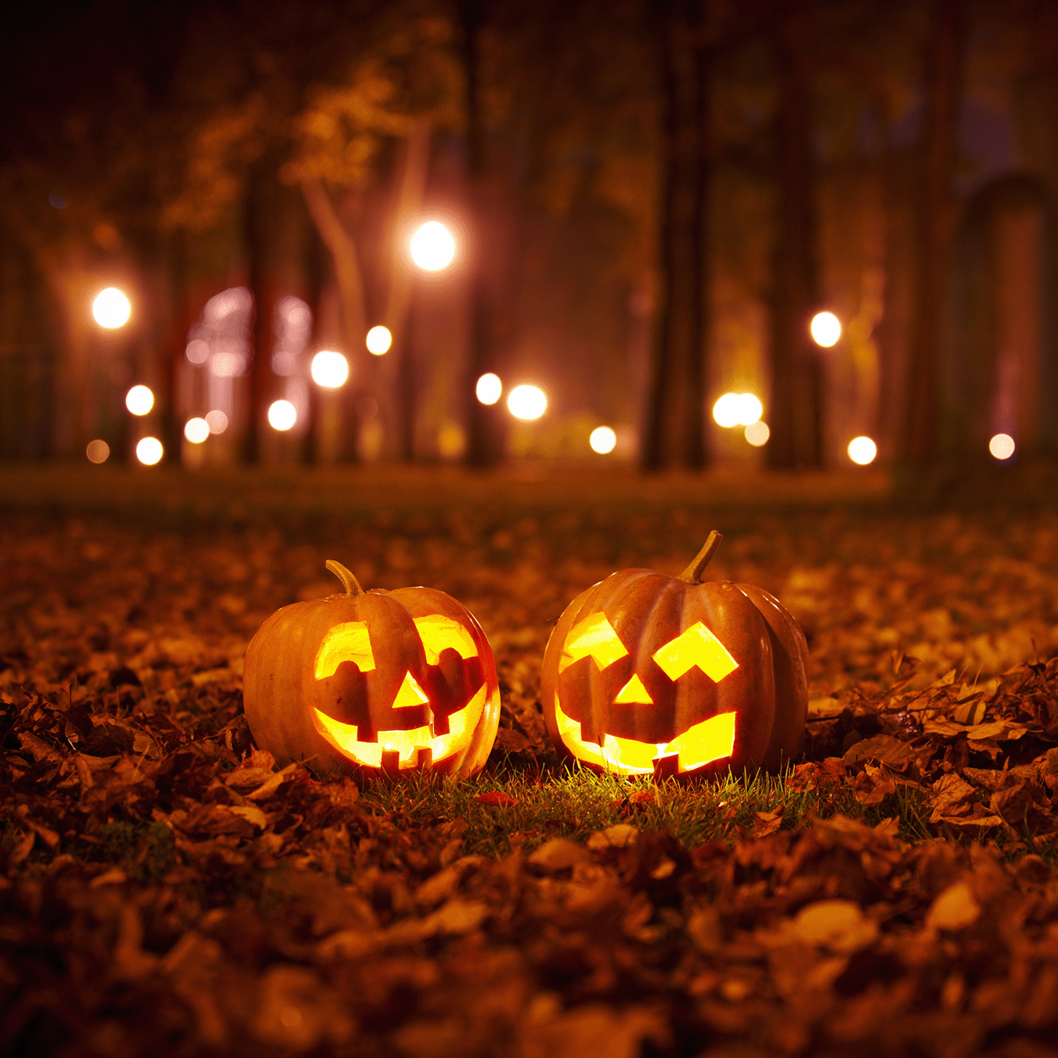 Two carved jack-o'-lanterns glow on grass with fallen autumn leaves at night, lit softly by blurred lights and a Tuscany Candle® SEASONAL Trick or Treat: Sugared Candy Corn Scented Halloween Candle (14 oz) from the Mysteriously Spooky Collection.