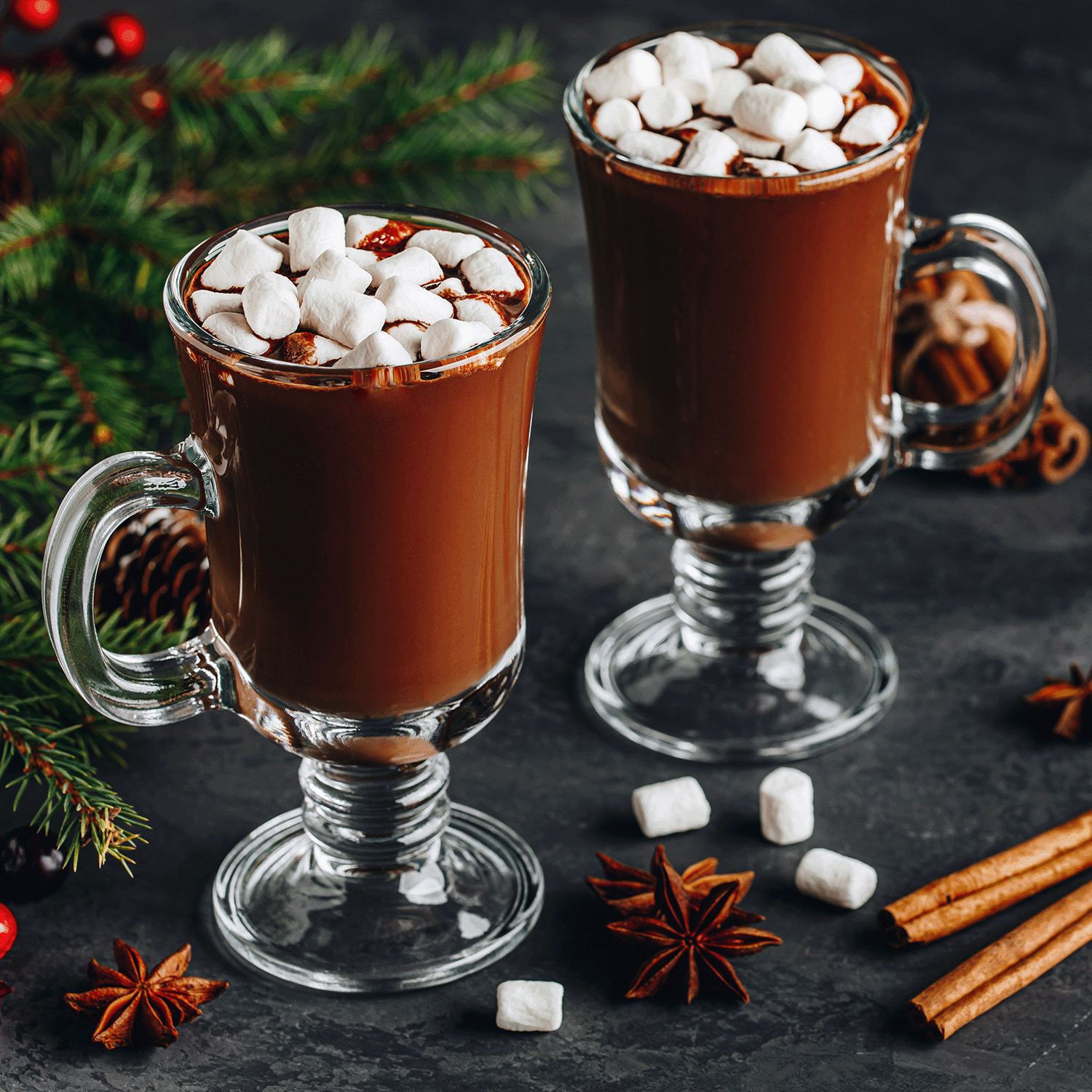 Two glass mugs of hot chocolate with marshmallows are set on a dark surface, alongside the Tuscany Candle® SEASONAL Jolly Vanilla Dreams Scented Holiday Candle (14 oz), cinnamon sticks, star anise, and festive greenery.