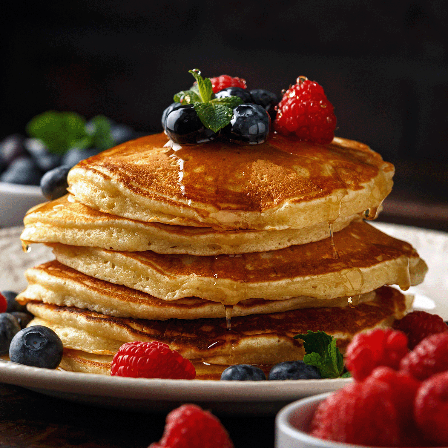 A stack of pancakes topped with berries and mint, drizzled with syrup—just like the cozy scent of Tuscany Candle® SEASONAL’s Maple Pecan Squares: Maple & Cinnamon Pancake Scented Holiday Candle filling your home.