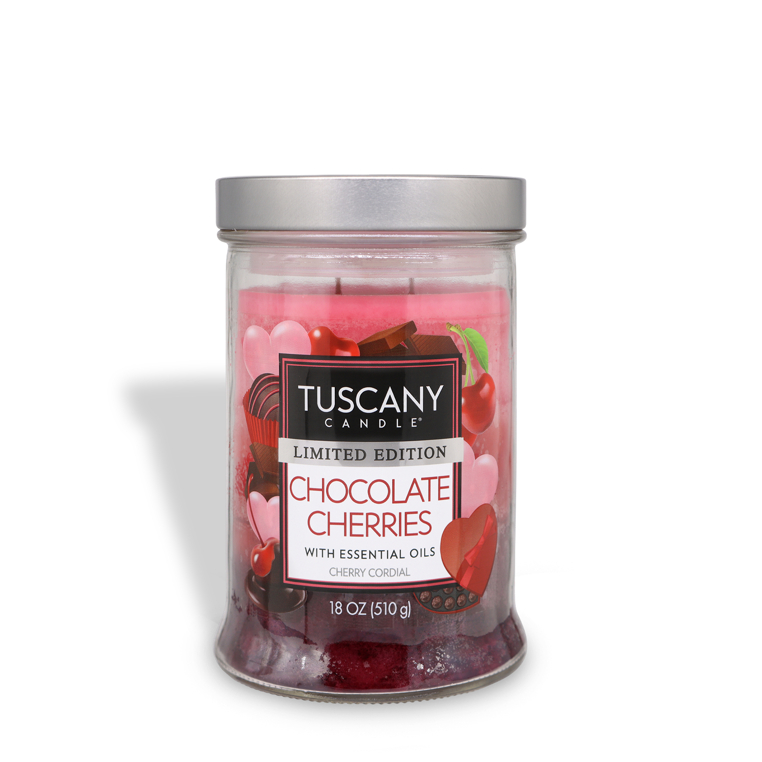An 18 oz jar of Tuscany Candle® SEASONAL Chocolate Cherries: Cherry Cordial Scented Valentine's Candle, featuring pink wax and a label with cherries, chocolate, and hearts.