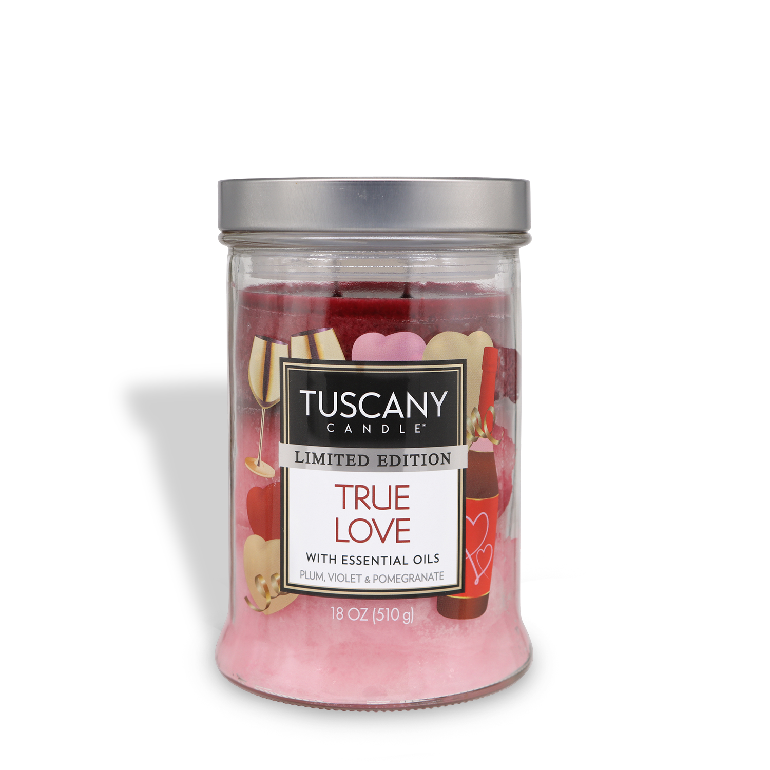 An 18 oz glass jar of Tuscany Candle® SEASONAL "True Love: Plum & Pomegranate" Valentine's candle, features pink wax, heart-shaped decorations, and a blend of plum and pomegranate scent. Limited edition.