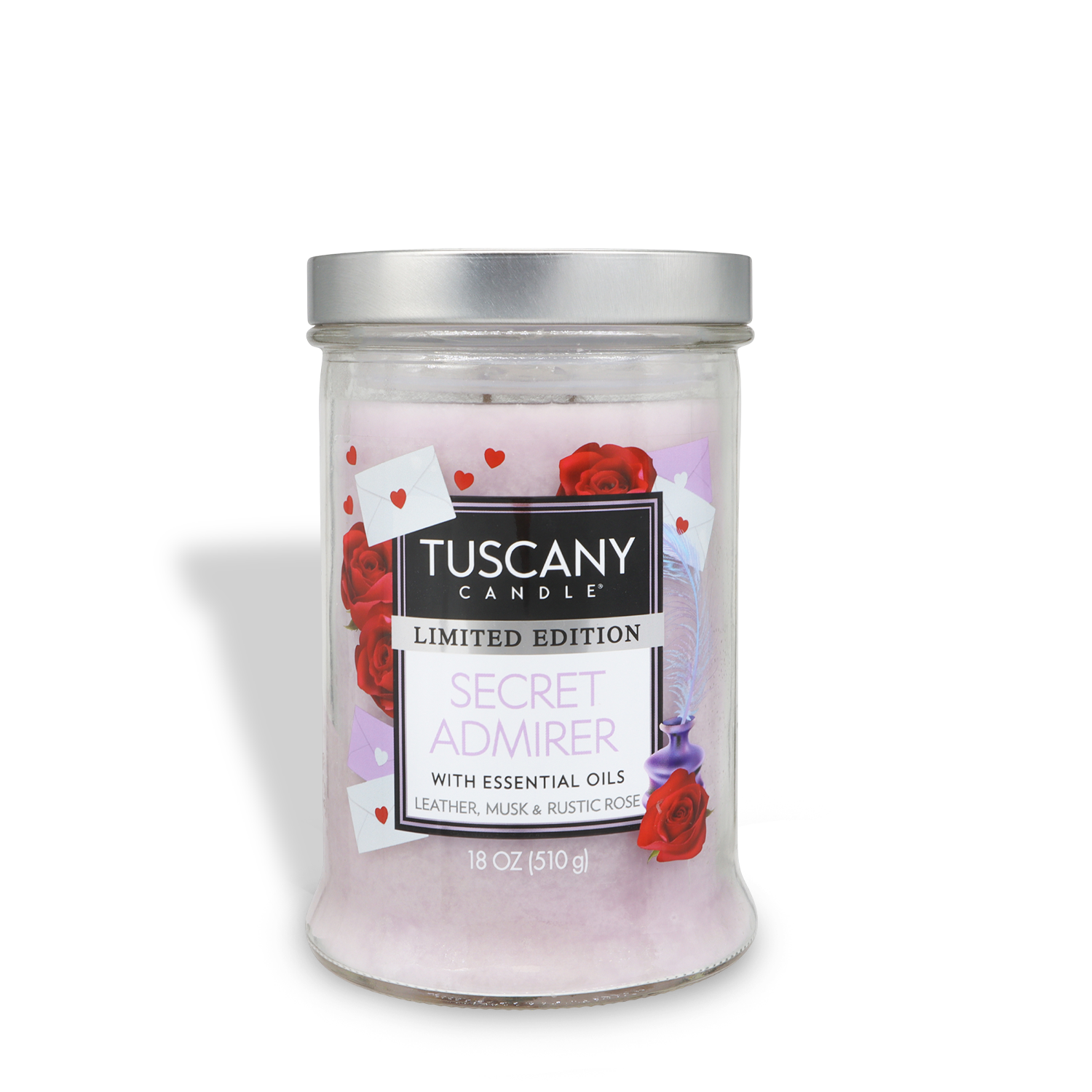 An 18 oz glass jar candle by Tuscany Candle® SEASONAL, "Secret Admirer: Leather & Musk" scent, decorated with red roses and envelopes—perfect for Valentine’s Day.